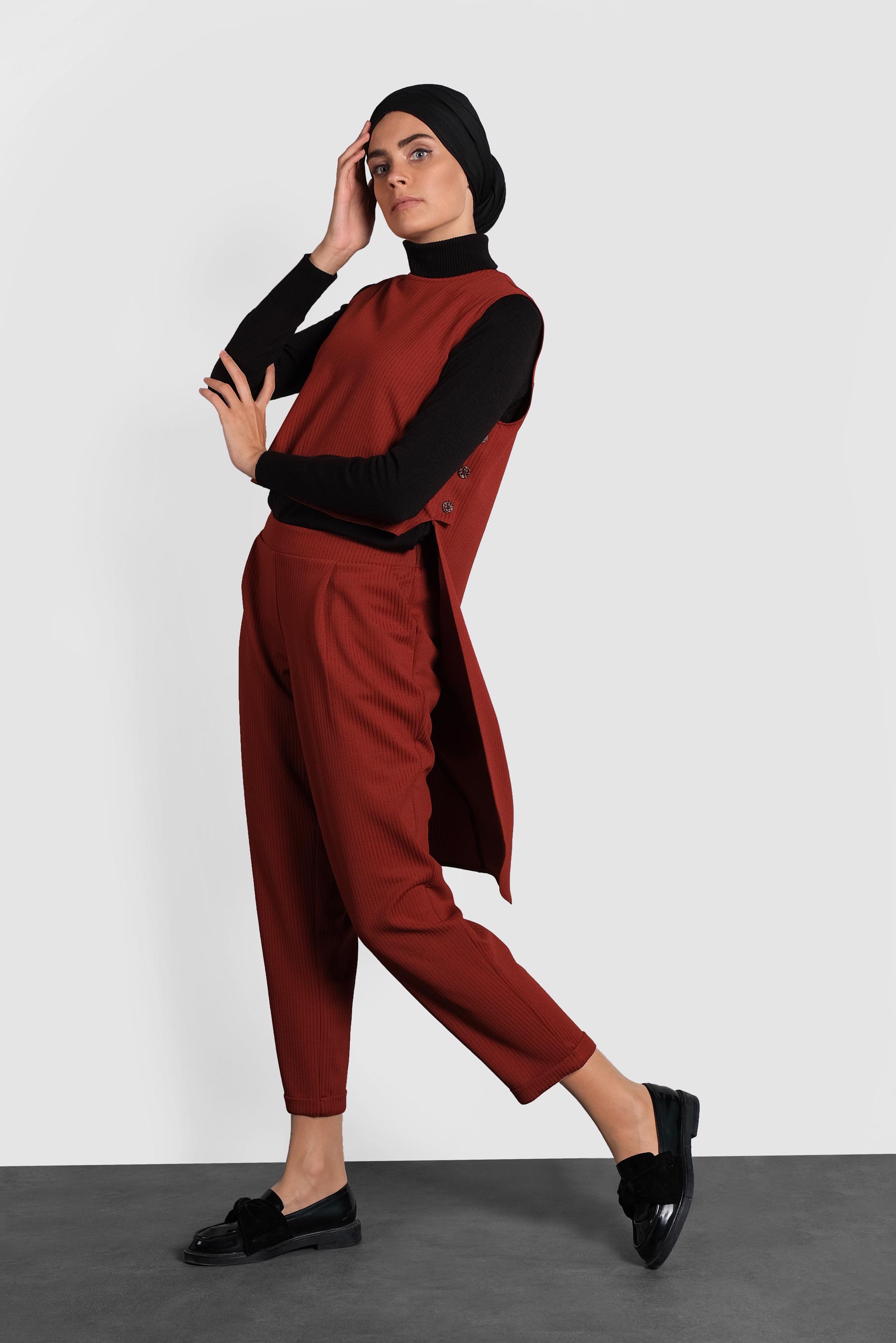 Tesettür giyim BORDO ARKASI UZUN PANTOLONLU TAKIM 40207