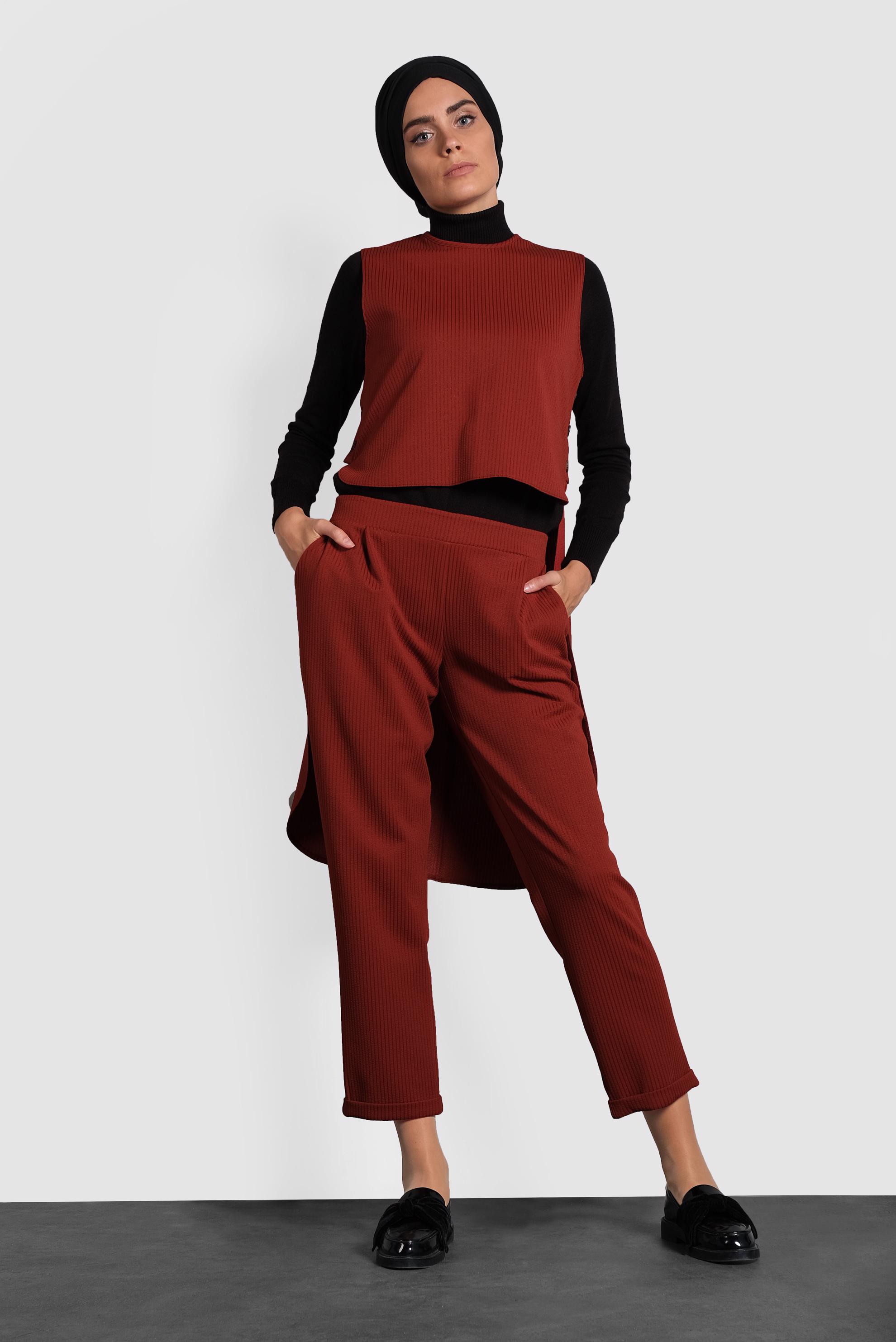 Tesettür giyim BORDO ARKASI UZUN PANTOLONLU TAKIM 40207