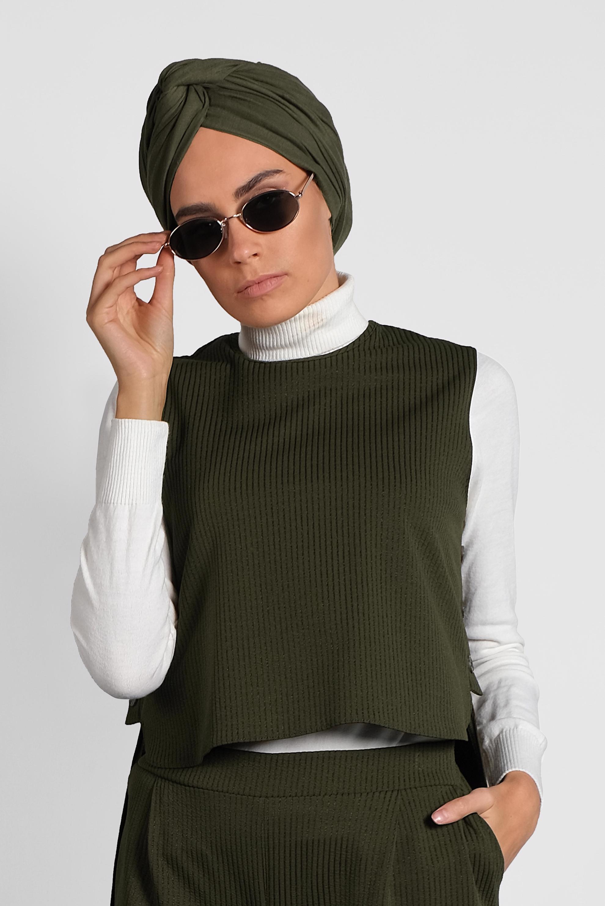 Tesettür giyim HAKİ ARKASI UZUN PANTOLONLU TAKIM 40207