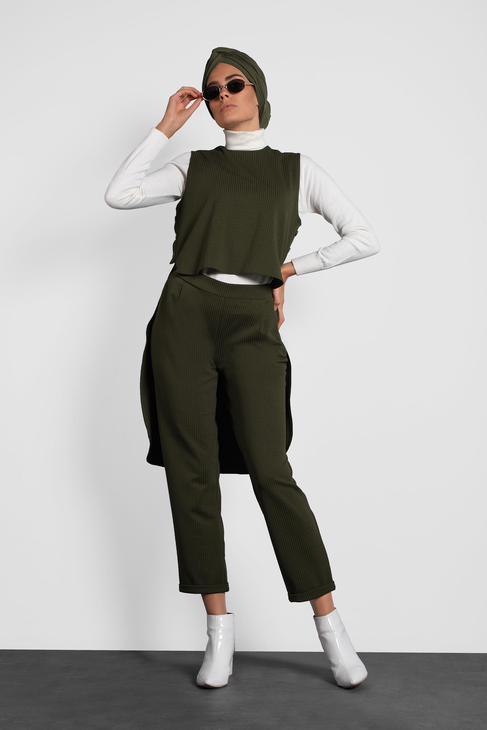 Tesettür giyim HAKİ ARKASI UZUN PANTOLONLU TAKIM 40207