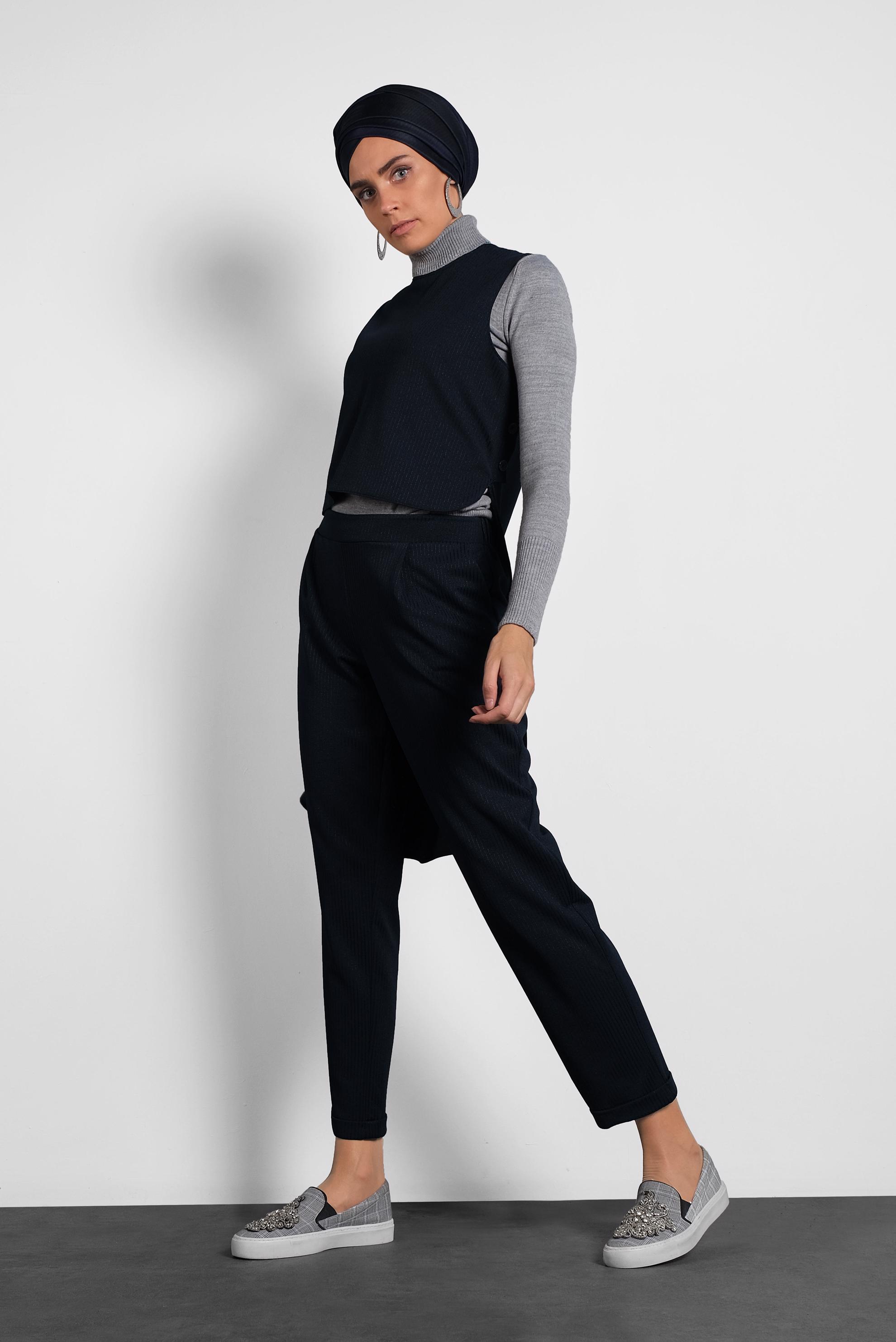 Tesettür giyim LACİVERT ARKASI UZUN PANTOLONLU TAKIM 40207