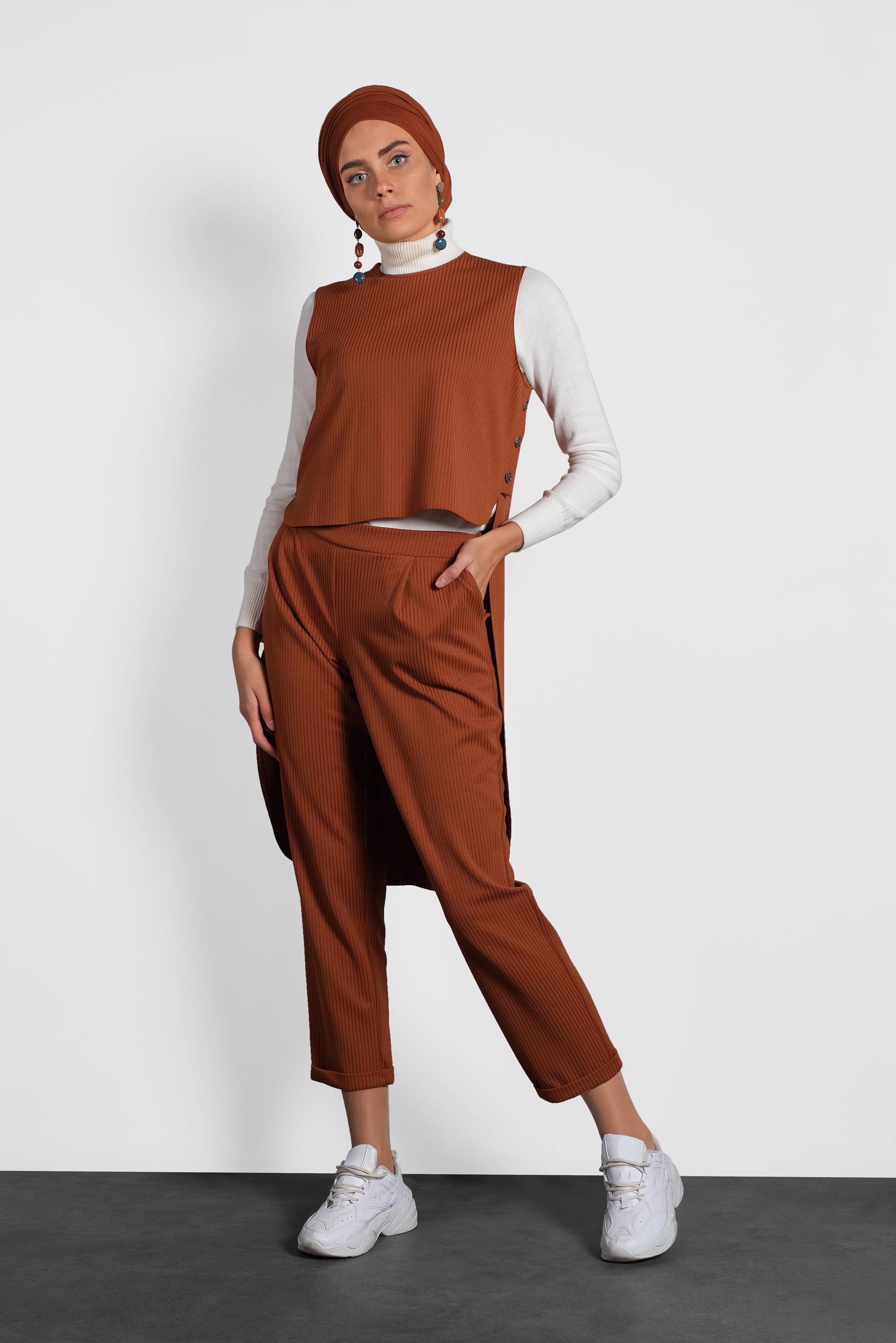 Tesettür giyim TABA ARKASI UZUN PANTOLONLU TAKIM 40207