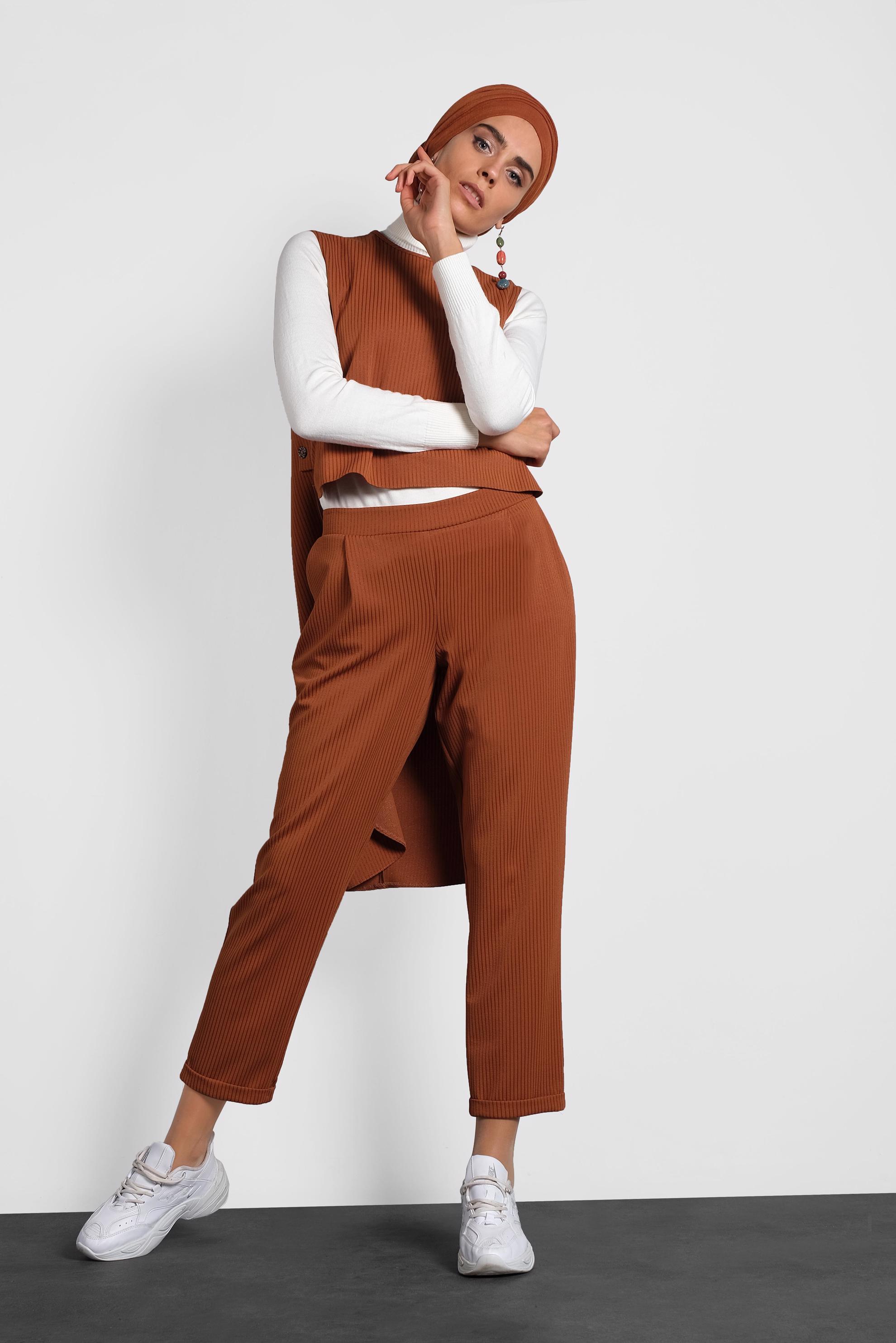 Tesettür giyim TABA ARKASI UZUN PANTOLONLU TAKIM 40207