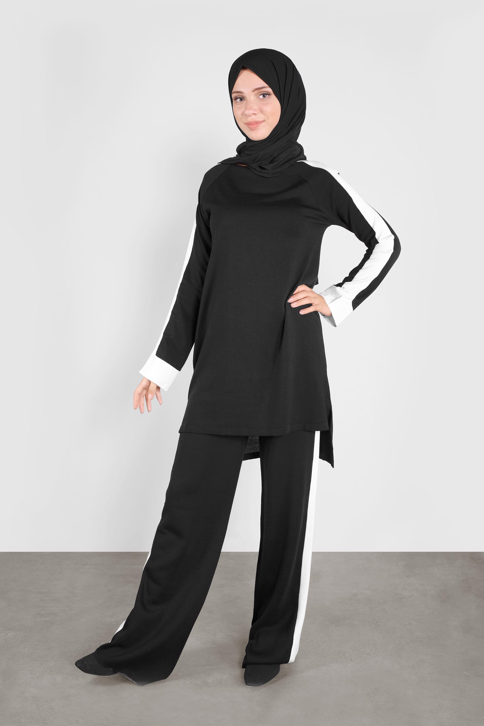 Tesettür giyim SİYAH ŞERİT DETAYLI İKİLİ TRİKO PANTOLONLU TAKIM 41046