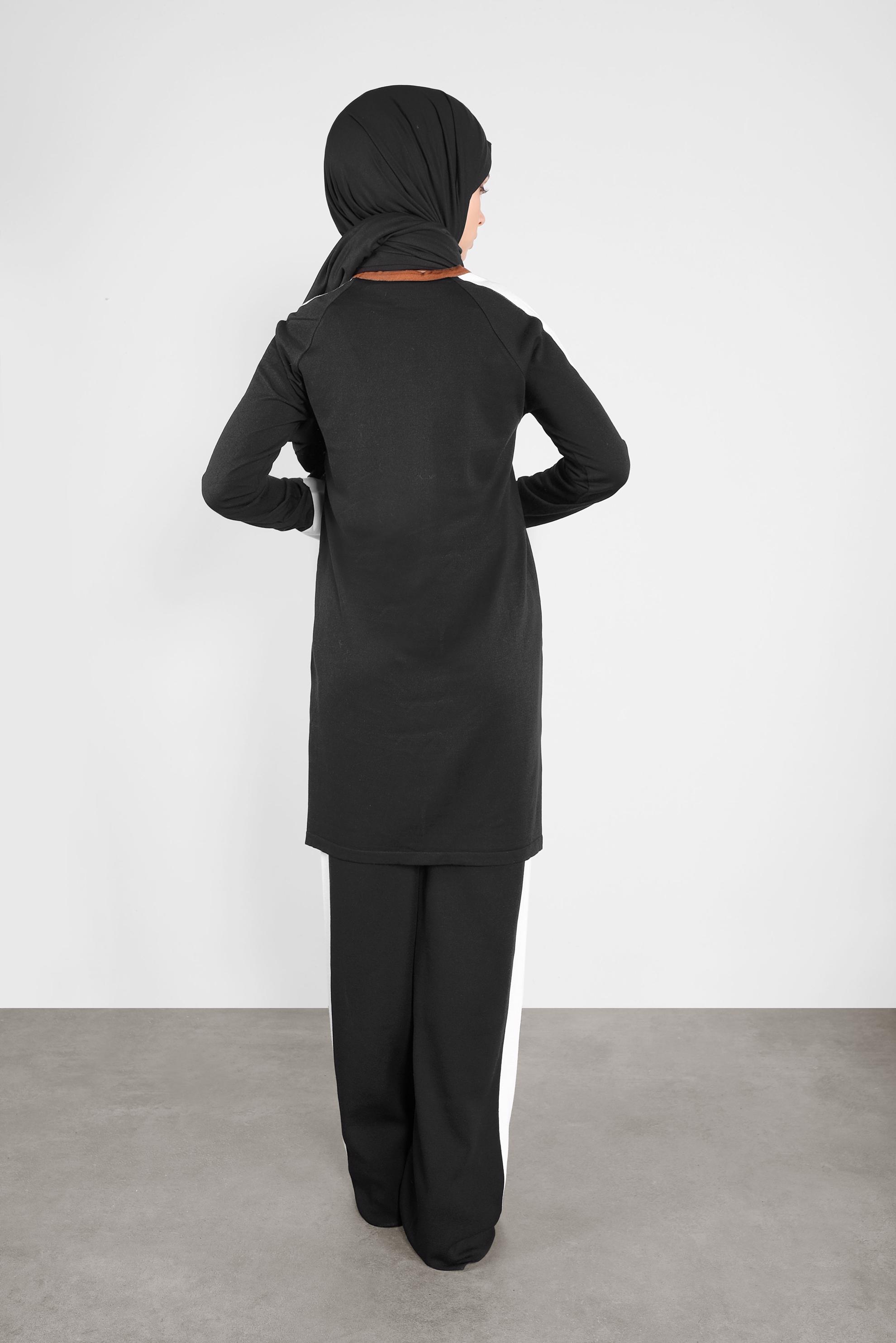 Tesettür giyim SİYAH ŞERİT DETAYLI İKİLİ TRİKO PANTOLONLU TAKIM 41046