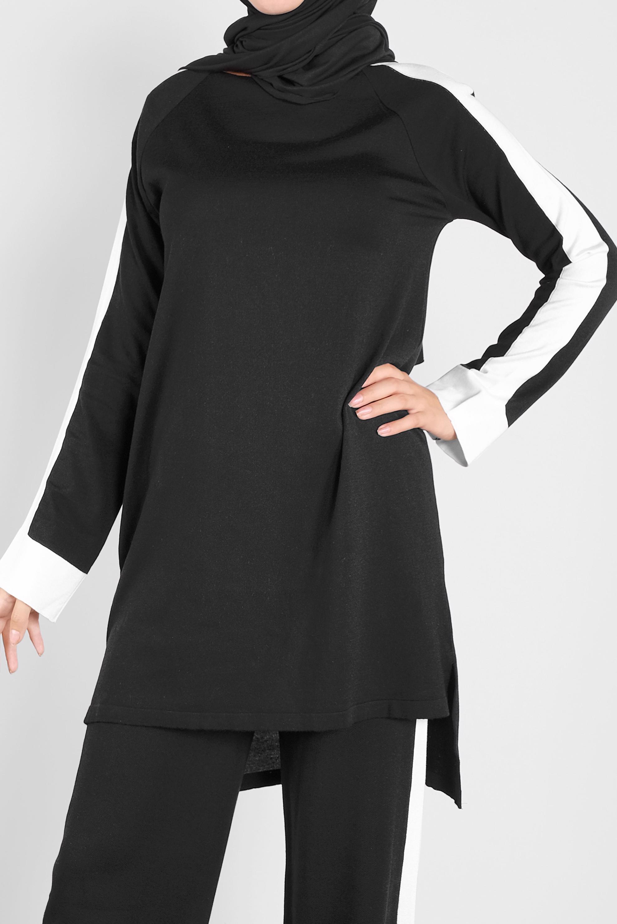 Tesettür giyim SİYAH ŞERİT DETAYLI İKİLİ TRİKO PANTOLONLU TAKIM 41046