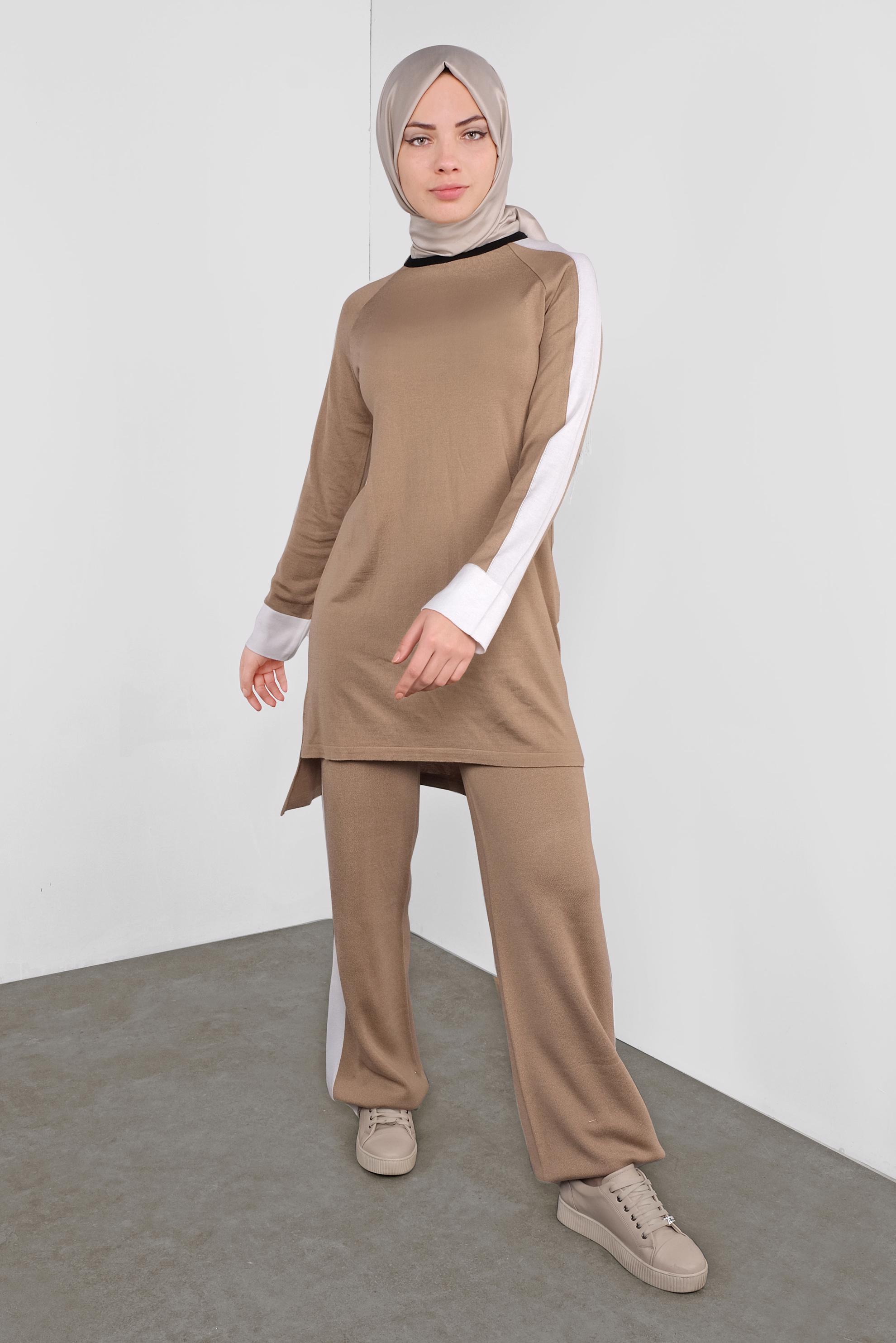 Tesettür giyim KAHVE ŞERİT DETAYLI İKİLİ TRİKO PANTOLONLU TAKIM 41046