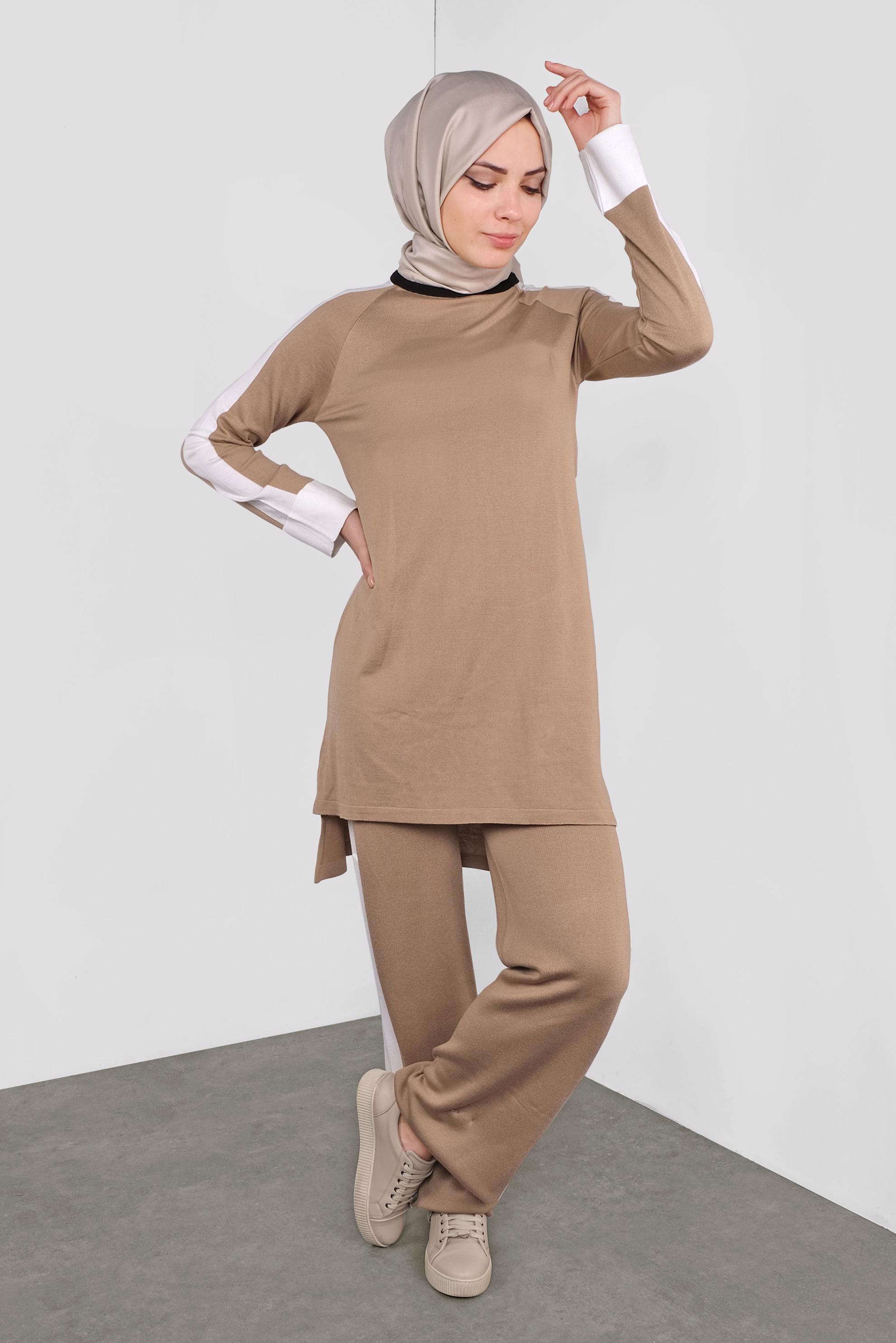 Tesettür giyim KAHVE ŞERİT DETAYLI İKİLİ TRİKO PANTOLONLU TAKIM 41046