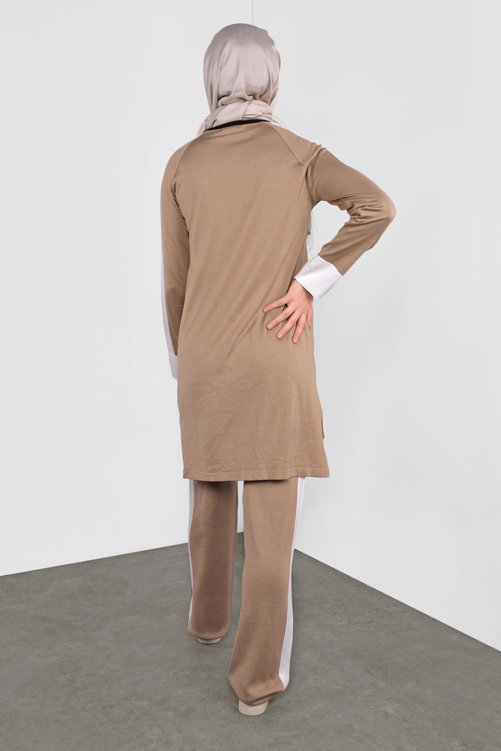 Tesettür giyim KAHVE ŞERİT DETAYLI İKİLİ TRİKO PANTOLONLU TAKIM 41046