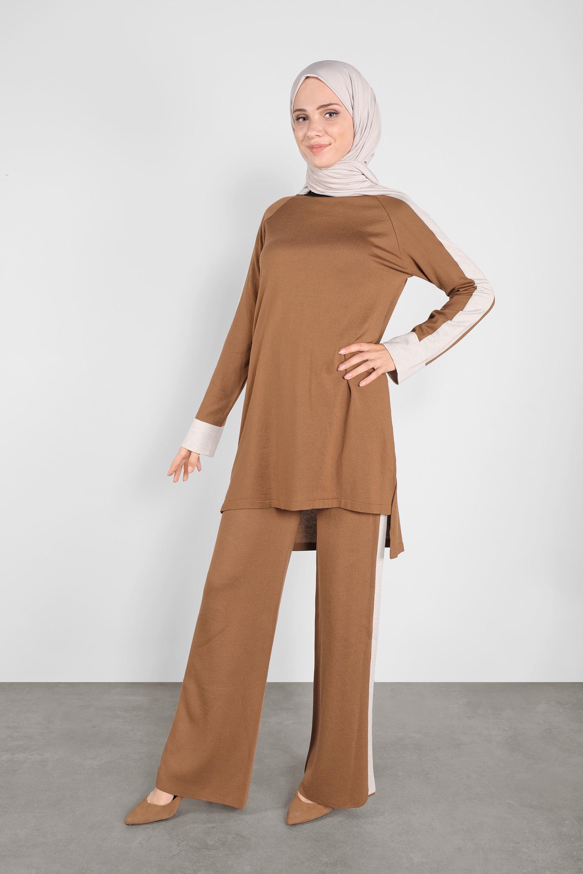 Tesettür giyim TABA ŞERİT DETAYLI İKİLİ TRİKO PANTOLONLU TAKIM 41046