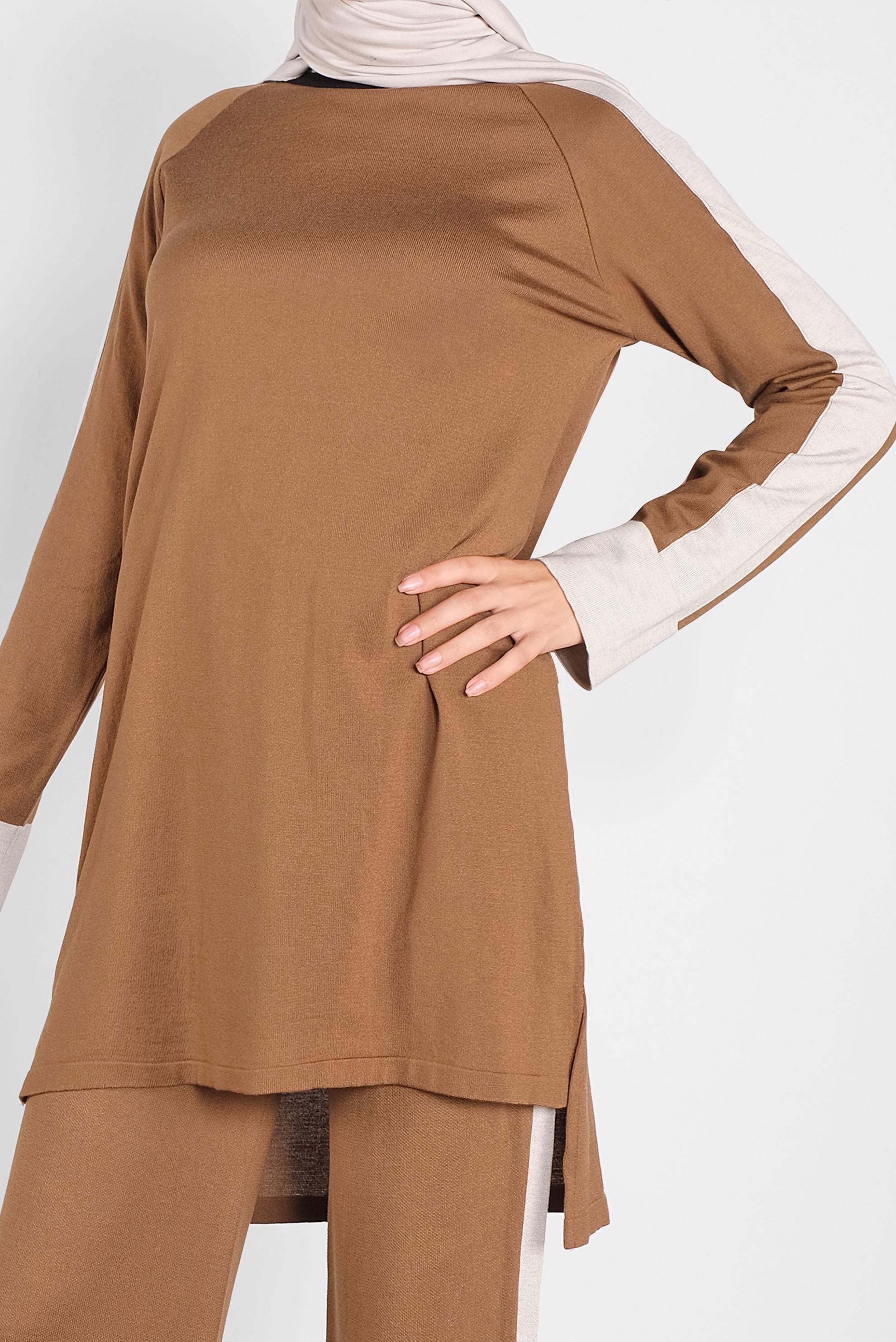 Tesettür giyim TABA ŞERİT DETAYLI İKİLİ TRİKO PANTOLONLU TAKIM 41046