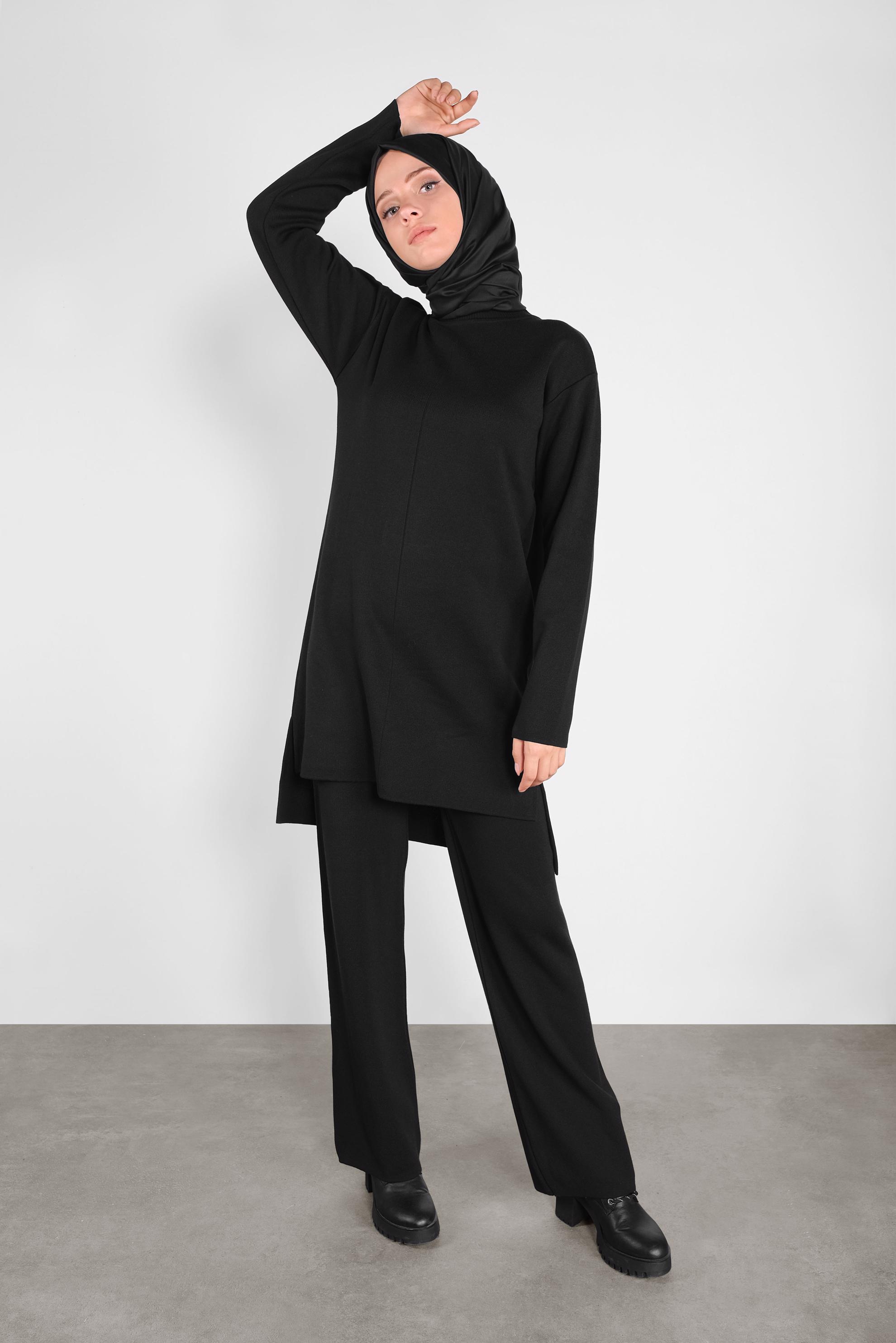 Tesettür giyim SİYAH ASİMETRİK KESİM TRİKO İKİLİ PANTOLONLU TAKIM 41048 