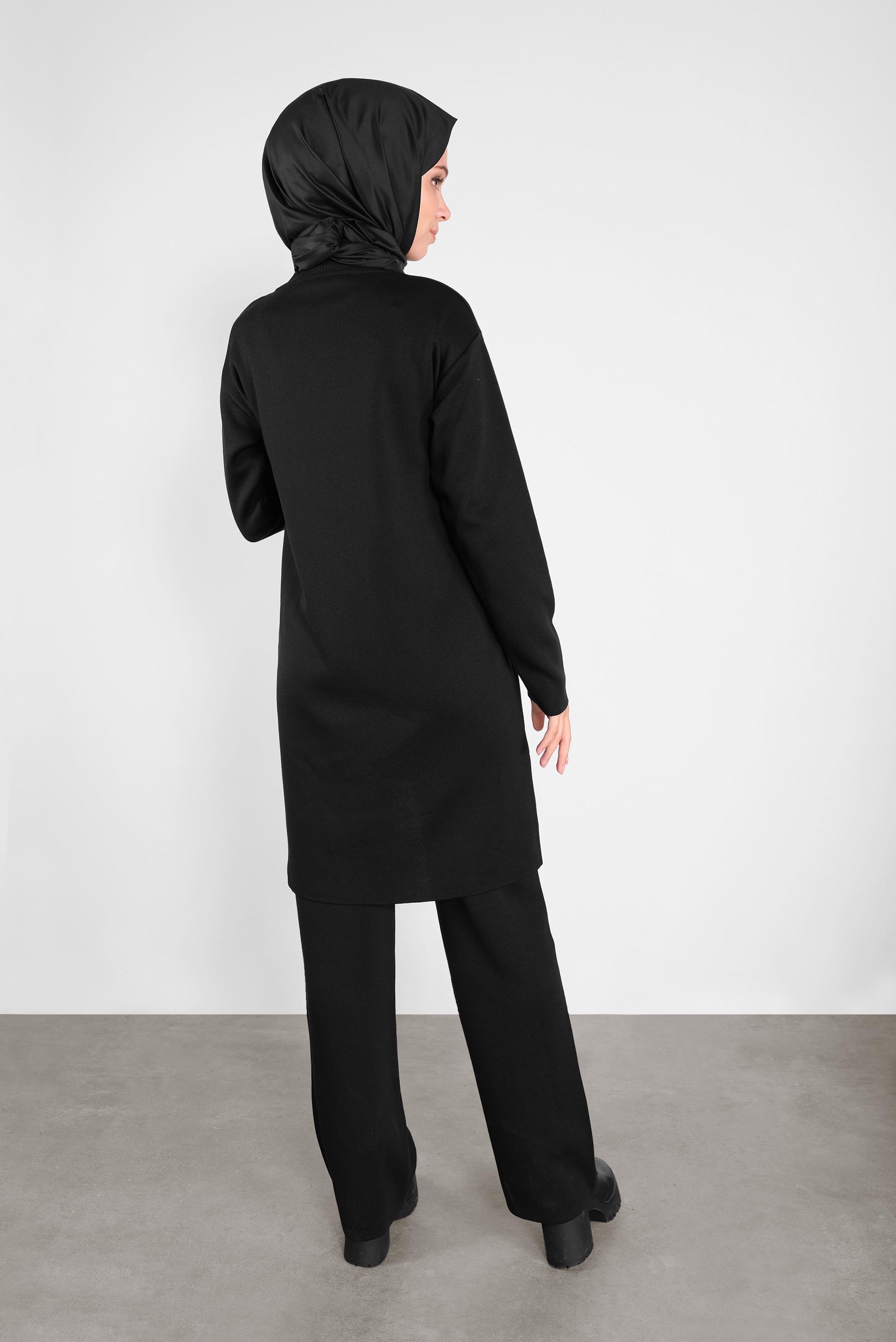 Tesettür giyim SİYAH ASİMETRİK KESİM TRİKO İKİLİ PANTOLONLU TAKIM 41048 