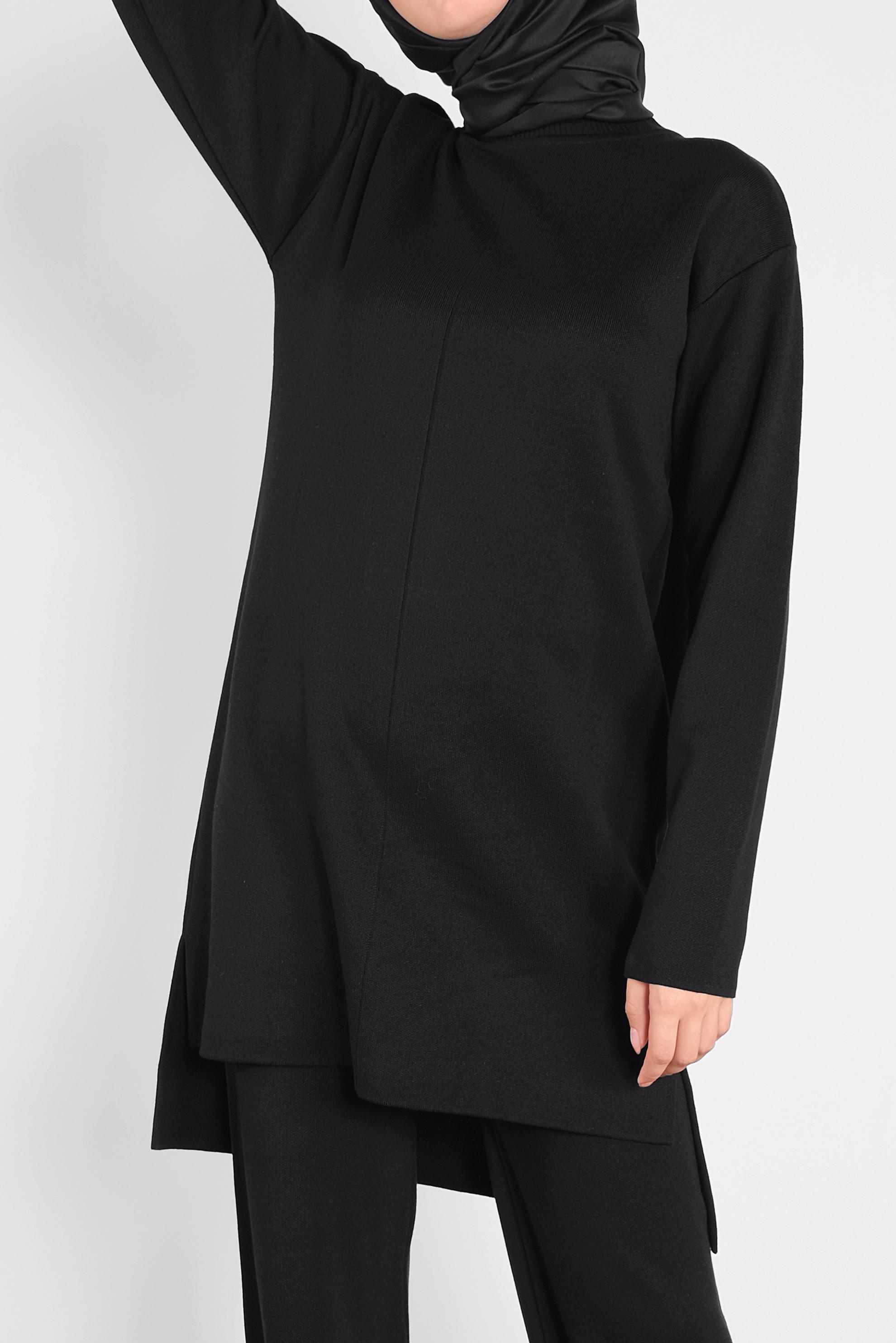 Tesettür giyim SİYAH ASİMETRİK KESİM TRİKO İKİLİ PANTOLONLU TAKIM 41048 
