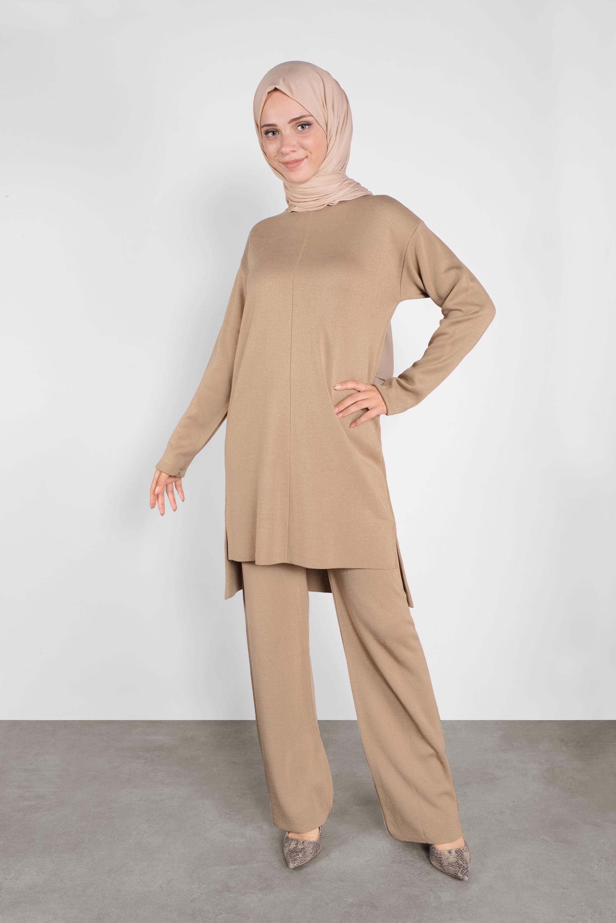 Tesettür giyim KAHVE ASİMETRİK KESİM TRİKO İKİLİ PANTOLONLU TAKIM 41048 