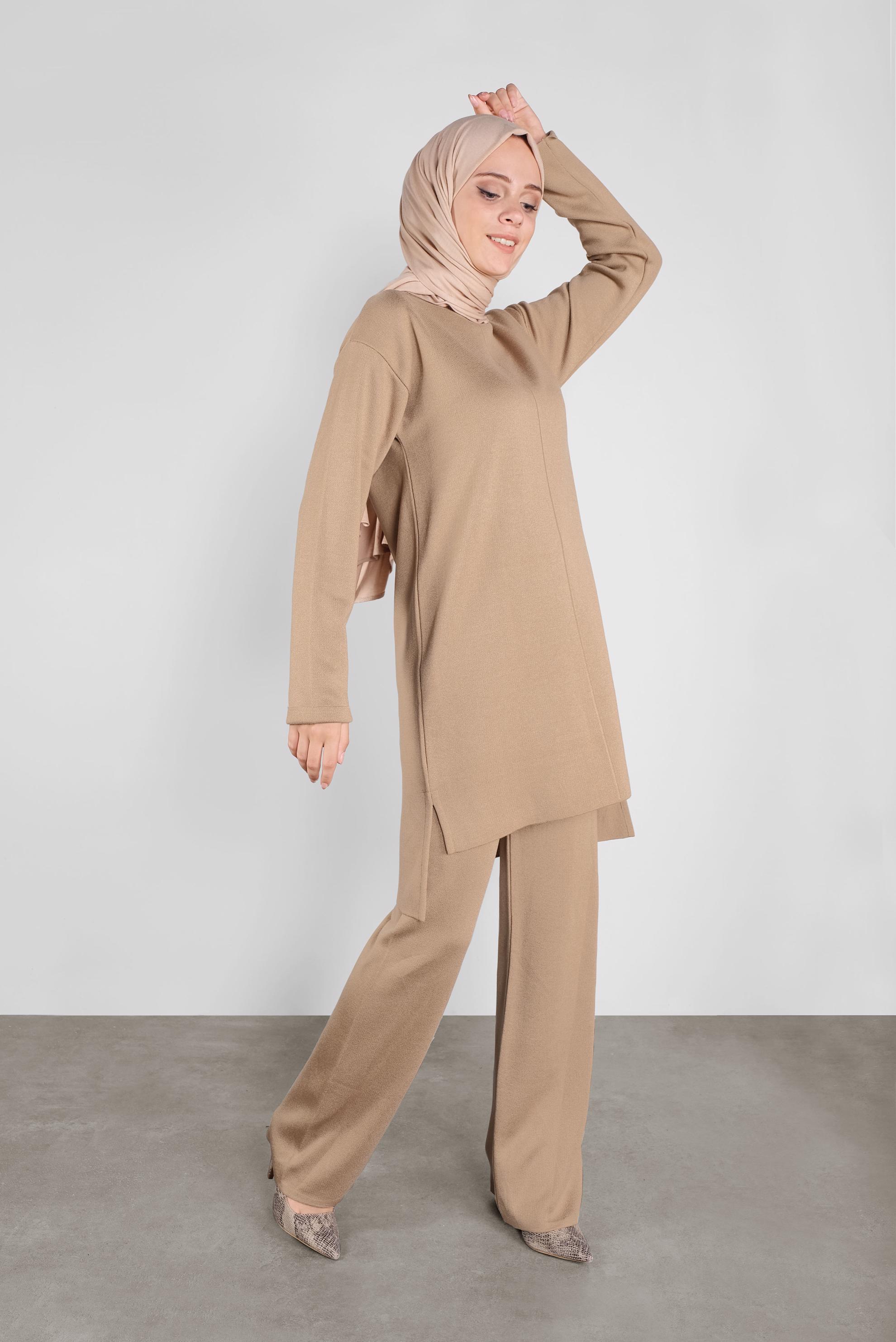 Tesettür giyim KAHVE ASİMETRİK KESİM TRİKO İKİLİ PANTOLONLU TAKIM 41048 