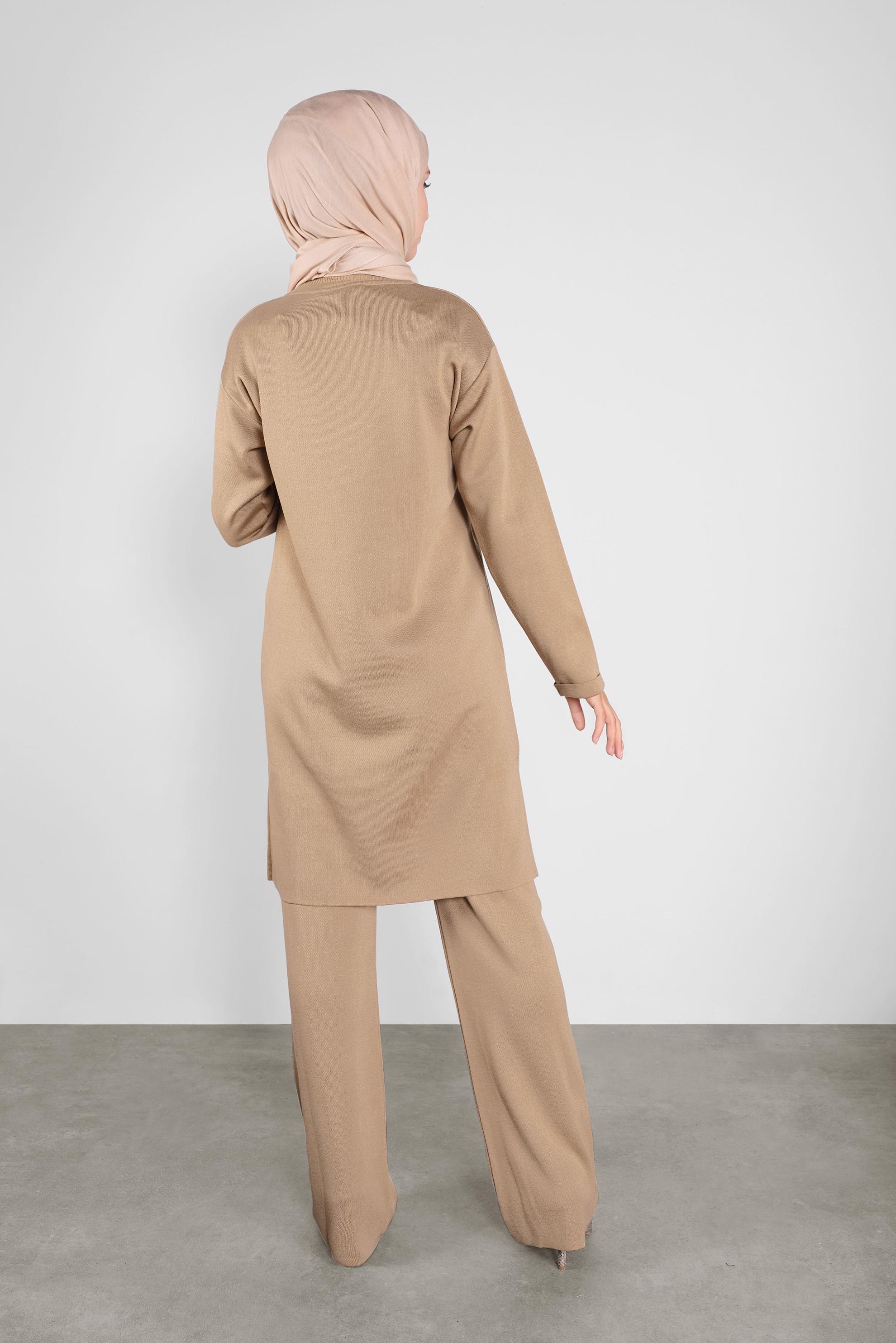 Tesettür giyim KAHVE ASİMETRİK KESİM TRİKO İKİLİ PANTOLONLU TAKIM 41048 