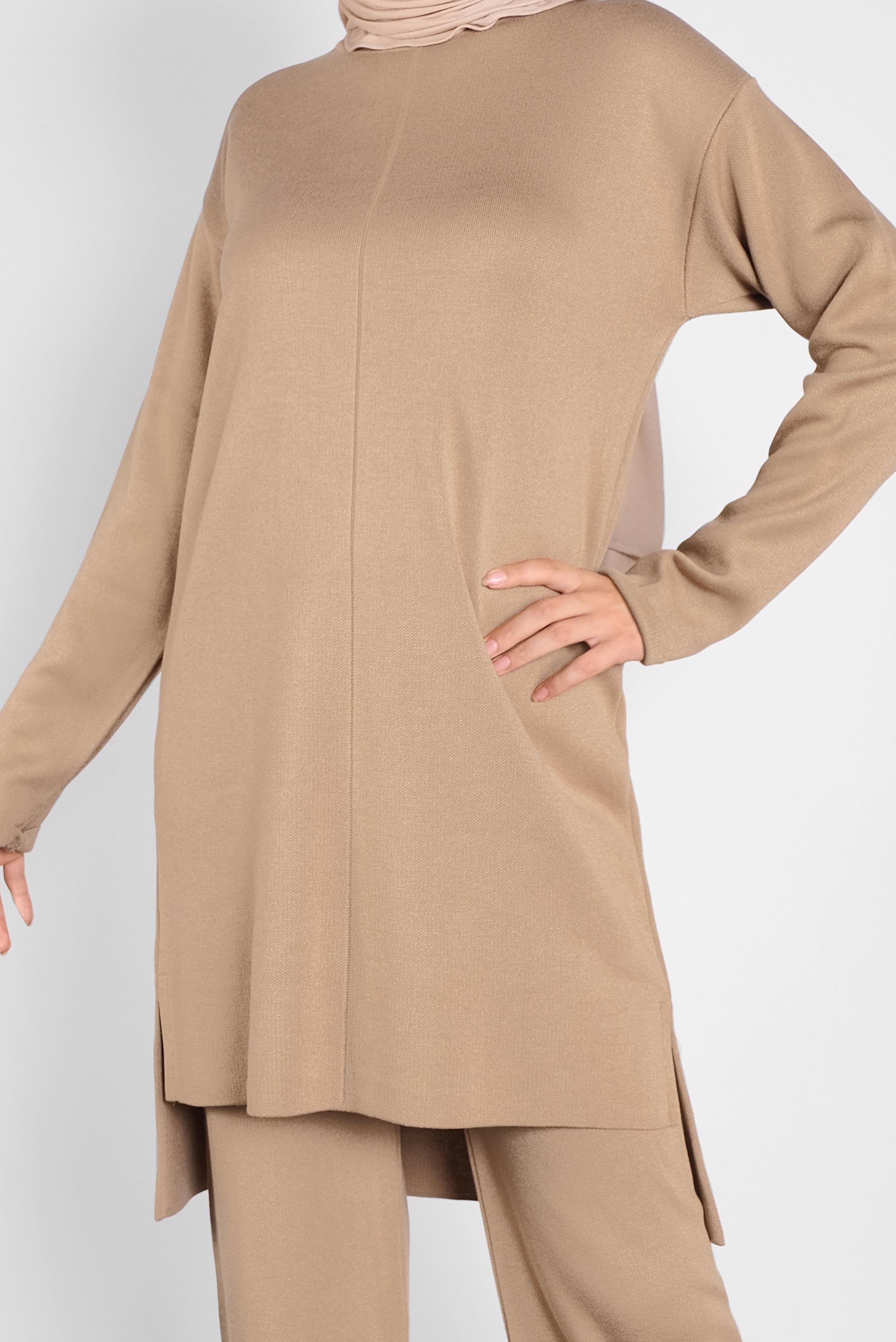 Tesettür giyim KAHVE ASİMETRİK KESİM TRİKO İKİLİ PANTOLONLU TAKIM 41048 