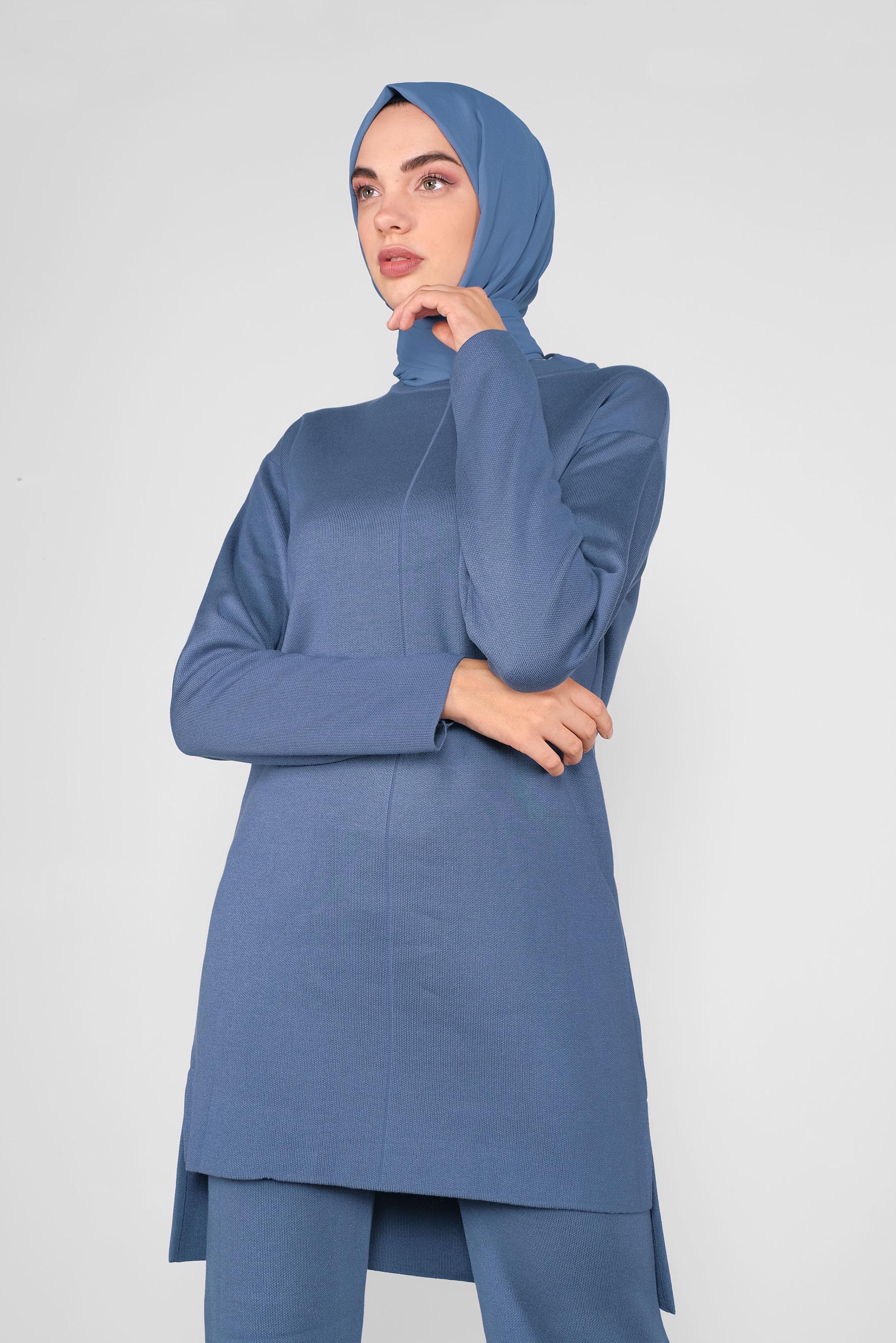 Tesettür giyim LACİVERT ASİMETRİK KESİM TRİKO İKİLİ PANTOLONLU TAKIM 41048 