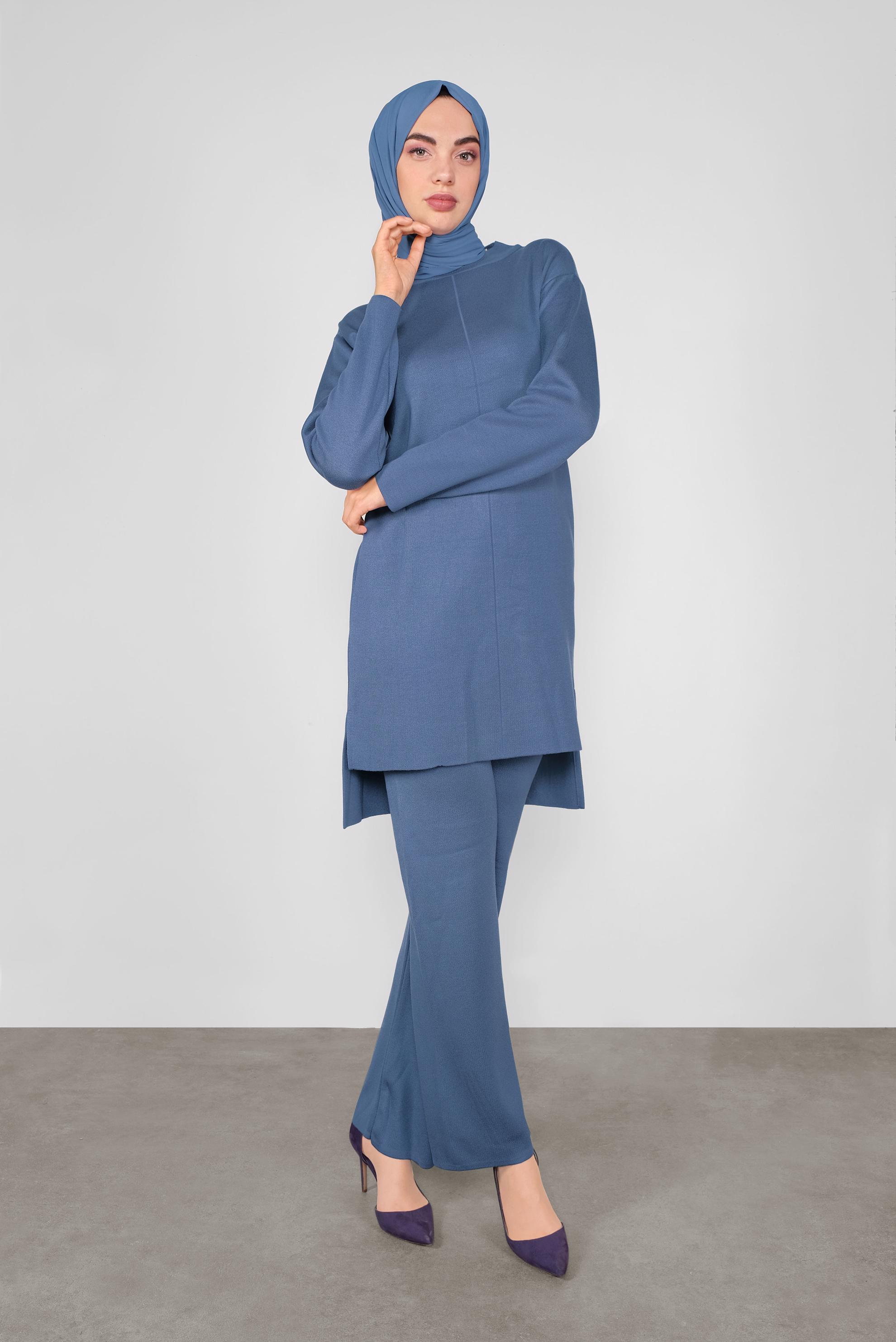 Tesettür giyim LACİVERT ASİMETRİK KESİM TRİKO İKİLİ PANTOLONLU TAKIM 41048 