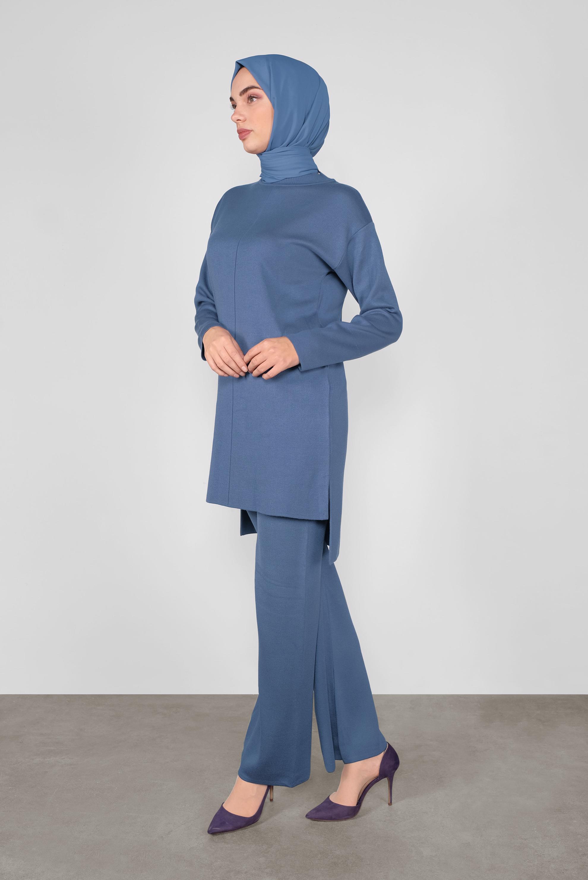 Tesettür giyim LACİVERT ASİMETRİK KESİM TRİKO İKİLİ PANTOLONLU TAKIM 41048 