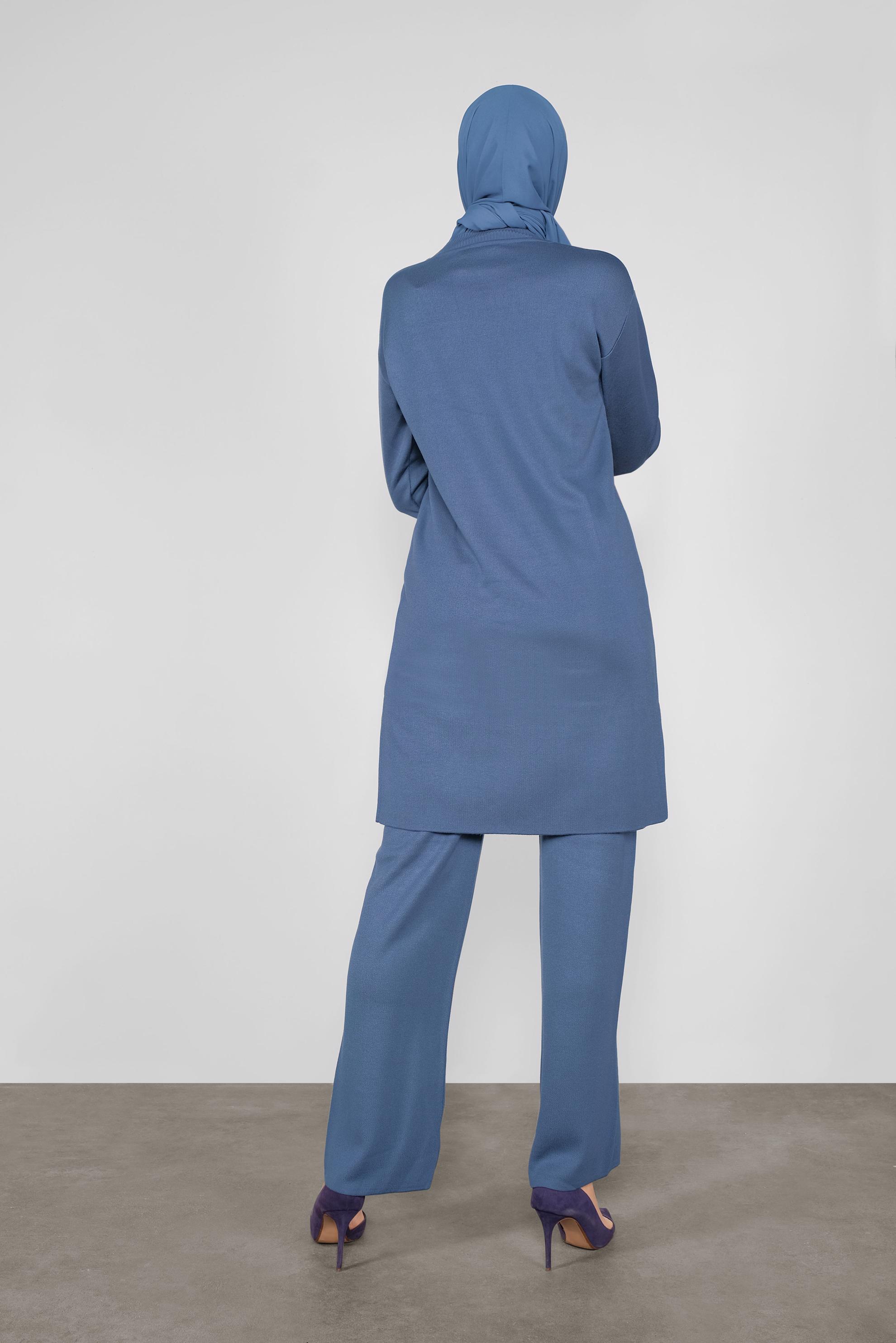 Tesettür giyim LACİVERT ASİMETRİK KESİM TRİKO İKİLİ PANTOLONLU TAKIM 41048 