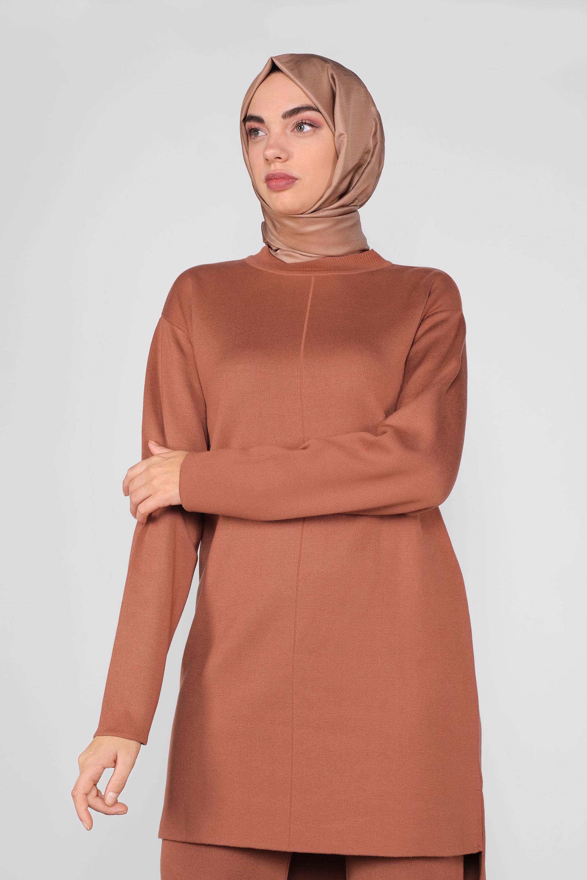Tesettür giyim TURUNCU ASİMETRİK KESİM TRİKO İKİLİ PANTOLONLU TAKIM 41048 