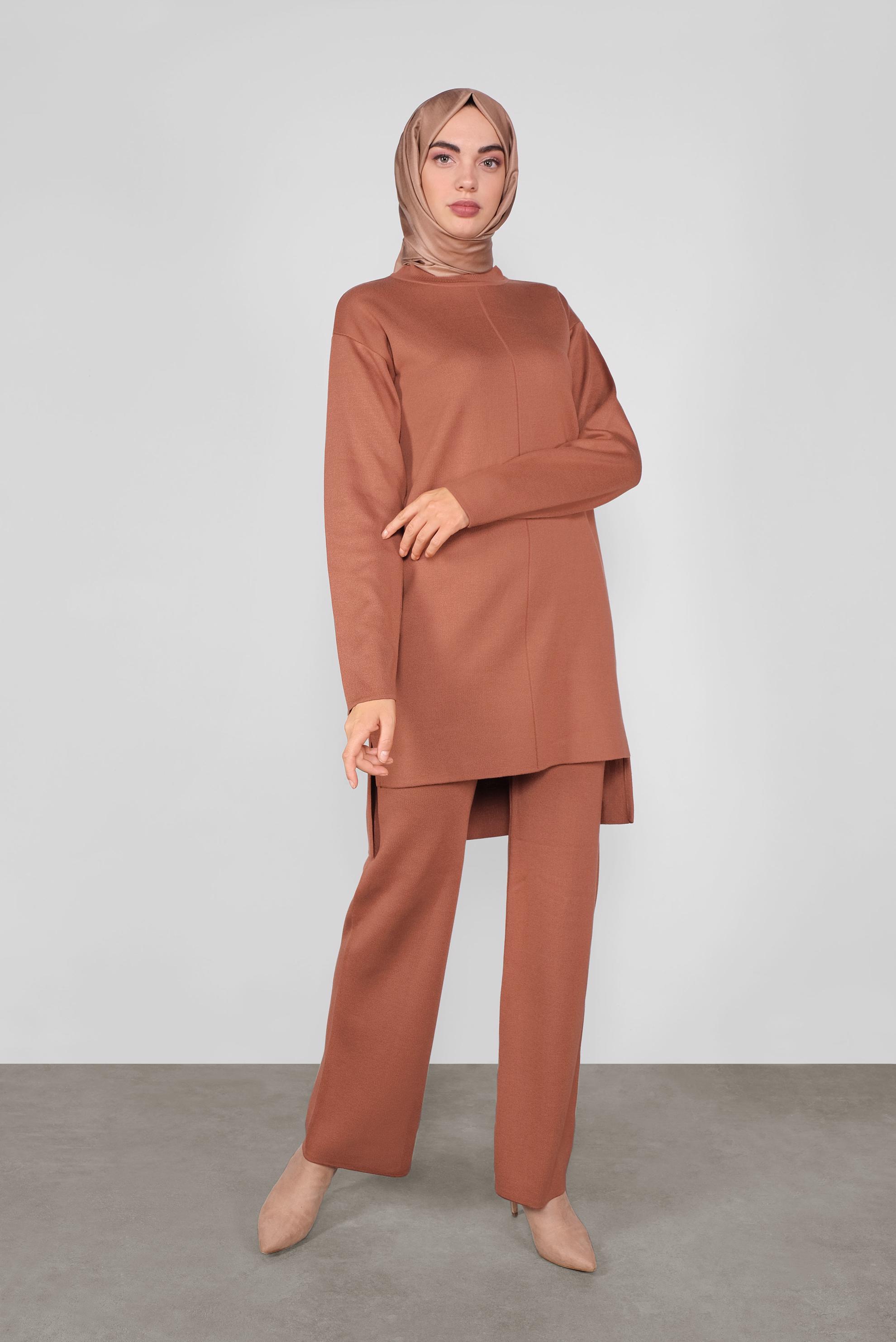 Tesettür giyim TURUNCU ASİMETRİK KESİM TRİKO İKİLİ PANTOLONLU TAKIM 41048 