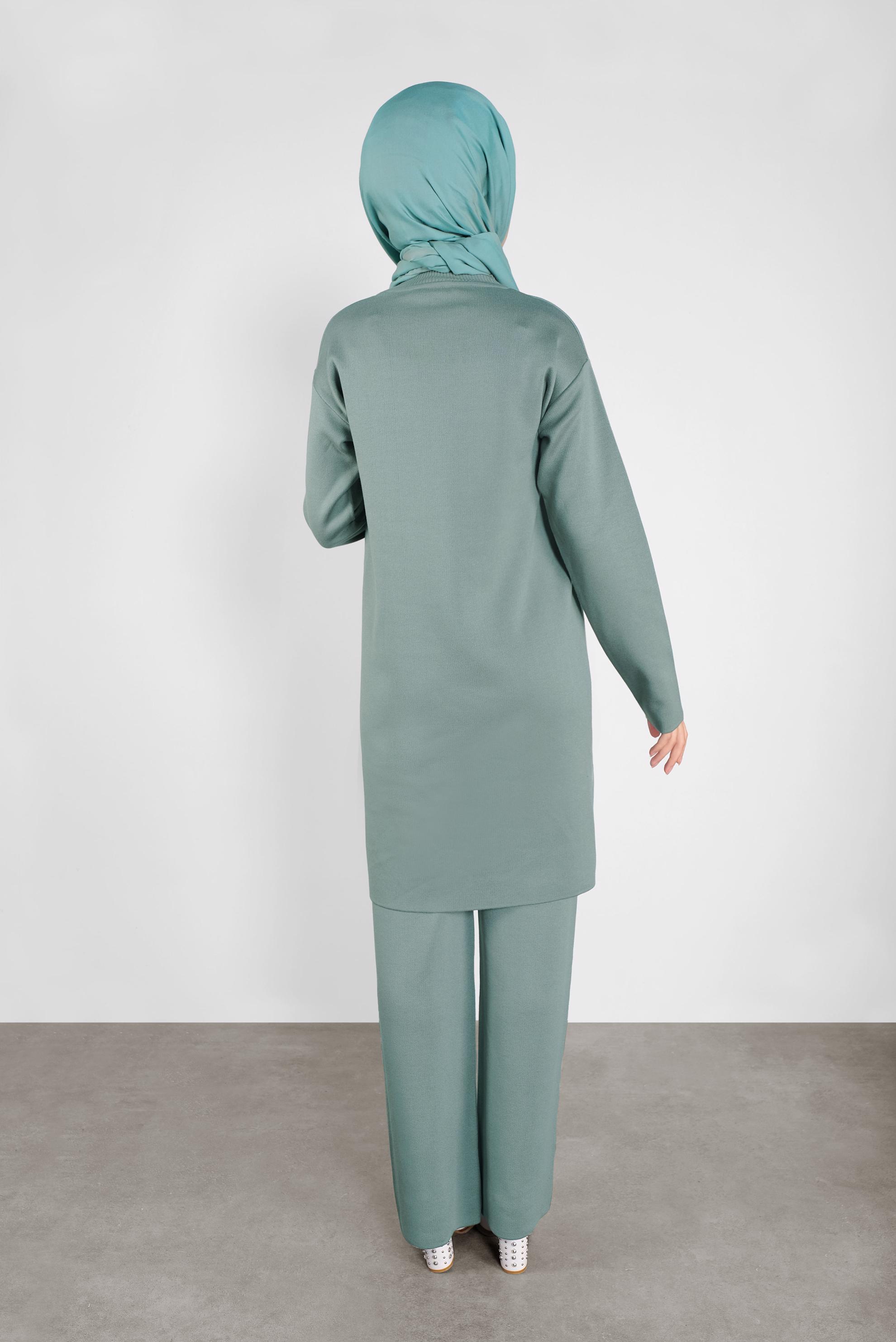 Tesettür giyim YEŞİL ASİMETRİK KESİM TRİKO İKİLİ PANTOLONLU TAKIM 41048 