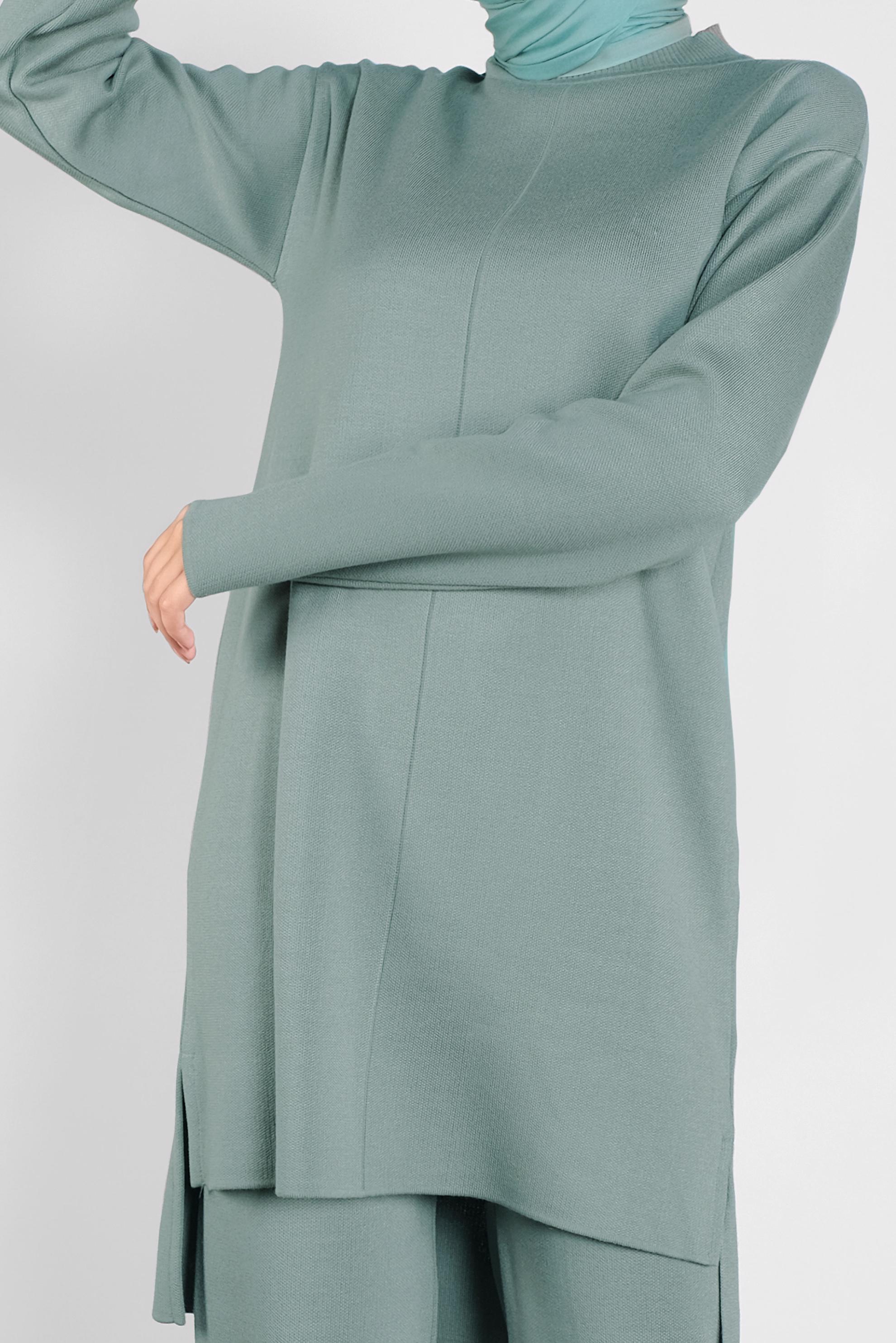 Tesettür giyim YEŞİL ASİMETRİK KESİM TRİKO İKİLİ PANTOLONLU TAKIM 41048 