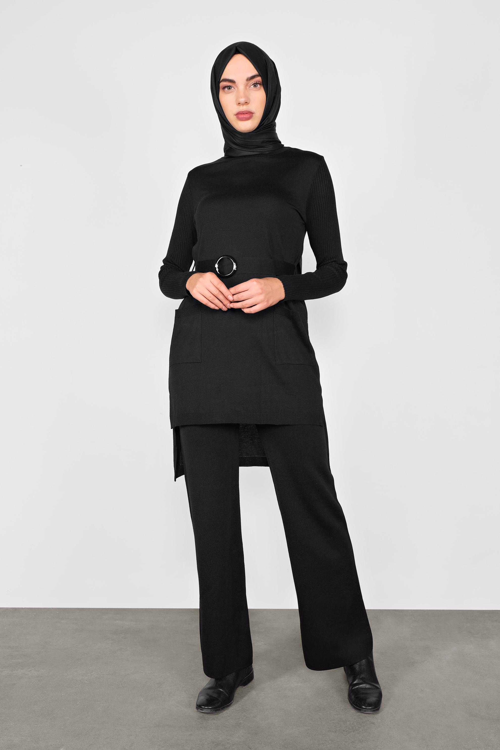 Tesettür giyim SİYAH CEP DETAYLI İKİLİ PANTOLONLU TRİKO TAKIM 41050
