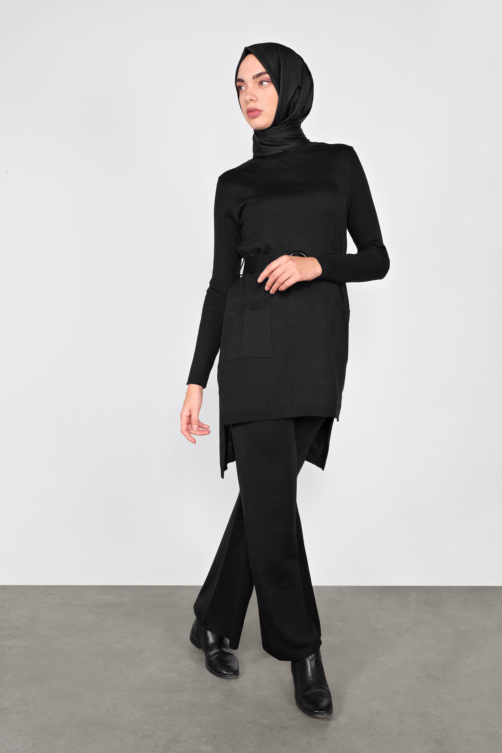 Tesettür giyim SİYAH CEP DETAYLI İKİLİ PANTOLONLU TRİKO TAKIM 41050