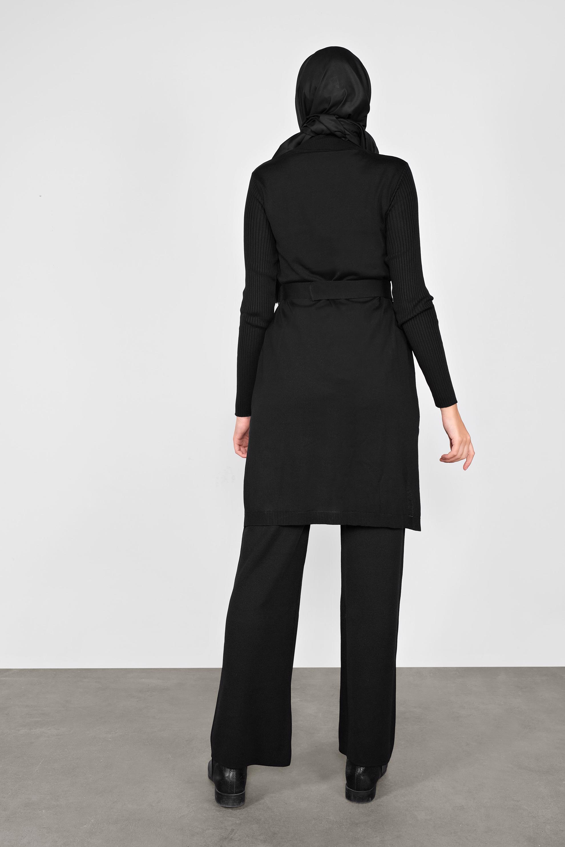 Tesettür giyim SİYAH CEP DETAYLI İKİLİ PANTOLONLU TRİKO TAKIM 41050