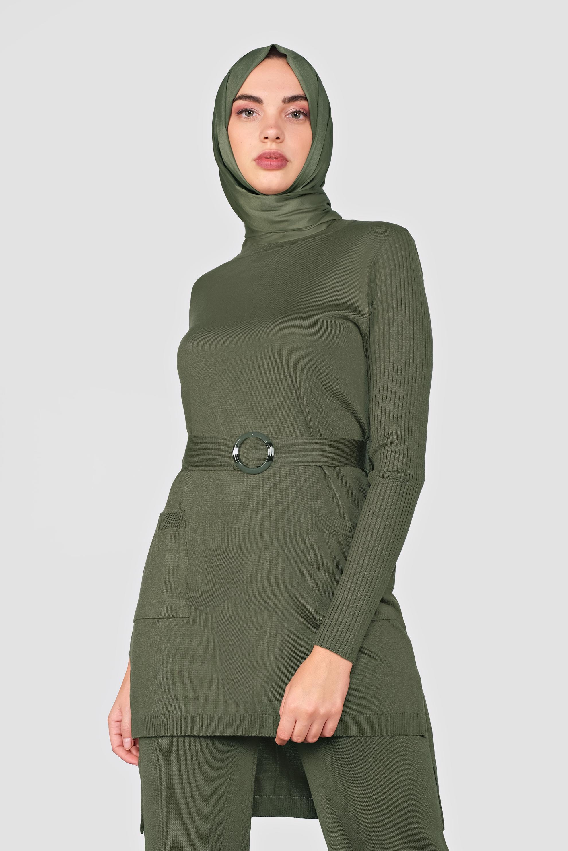 Tesettür giyim HAKİ CEP DETAYLI İKİLİ PANTOLONLU TRİKO TAKIM 41050