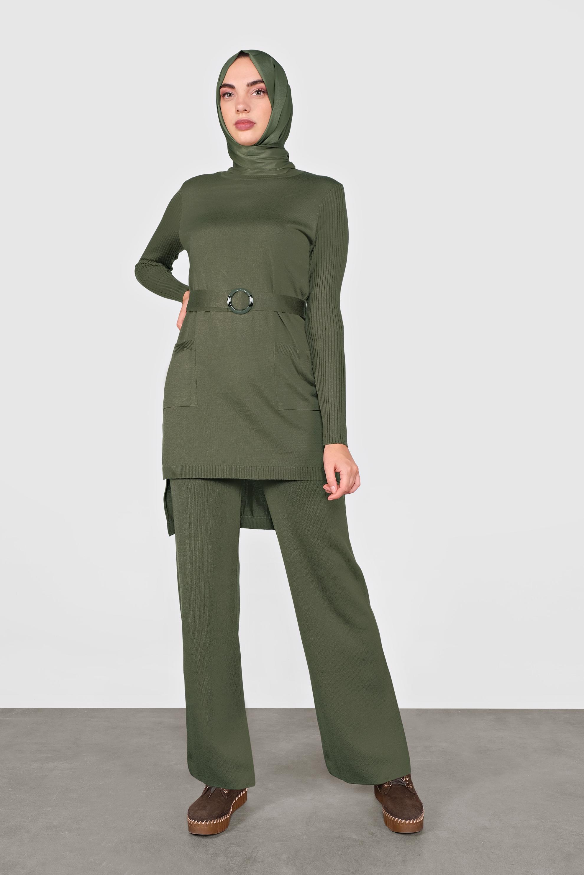 Tesettür giyim HAKİ CEP DETAYLI İKİLİ PANTOLONLU TRİKO TAKIM 41050