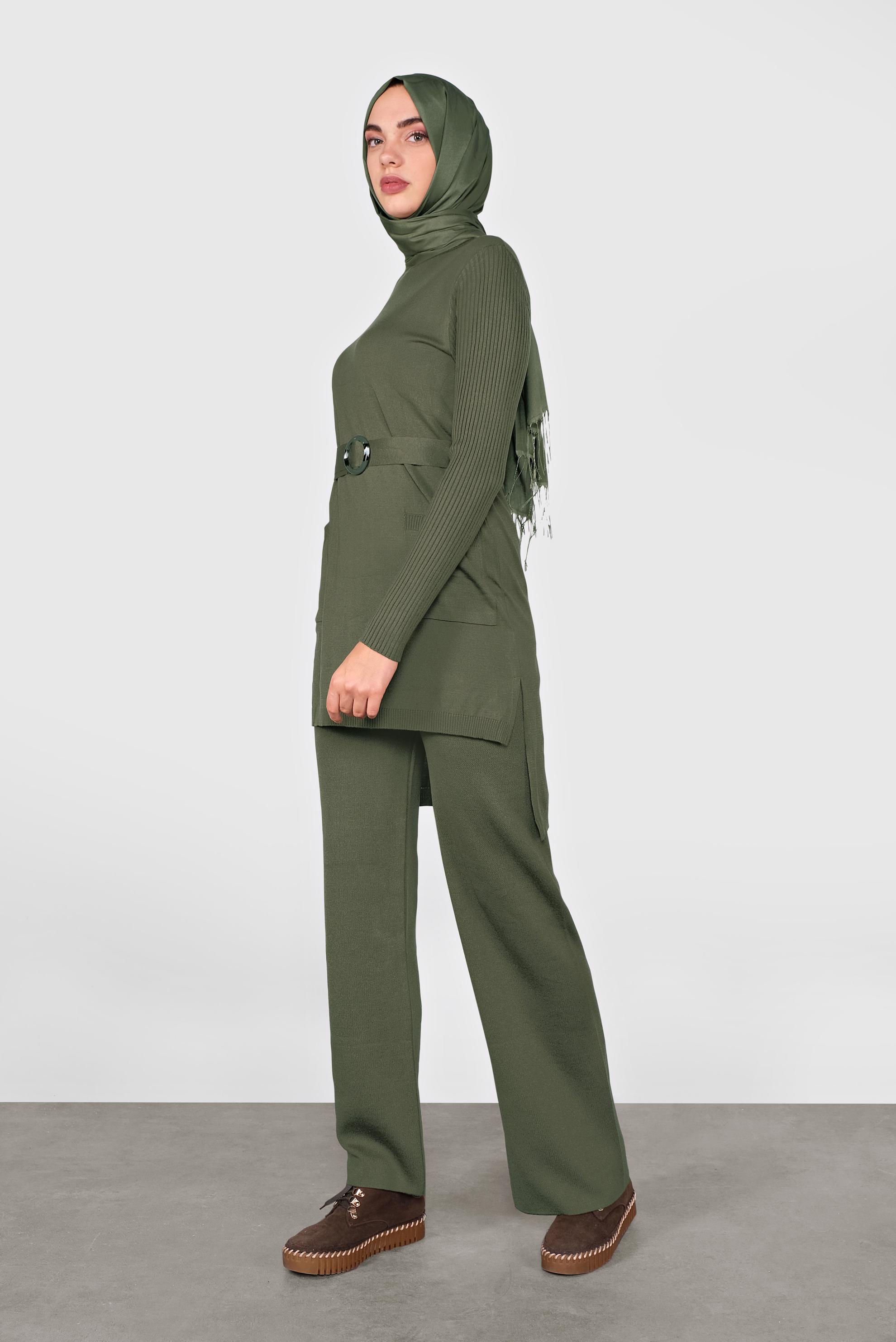 Tesettür giyim HAKİ CEP DETAYLI İKİLİ PANTOLONLU TRİKO TAKIM 41050