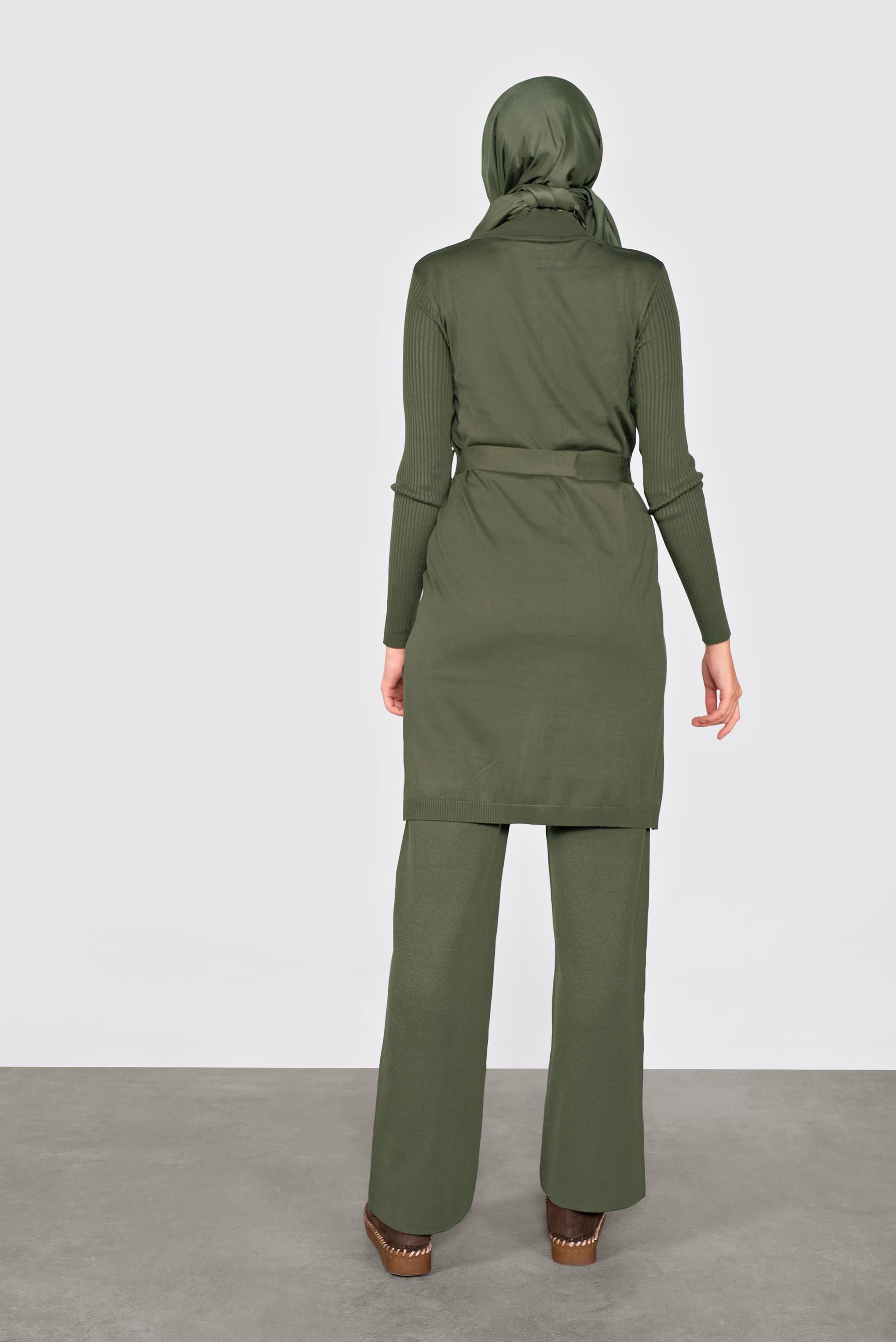 Tesettür giyim HAKİ CEP DETAYLI İKİLİ PANTOLONLU TRİKO TAKIM 41050