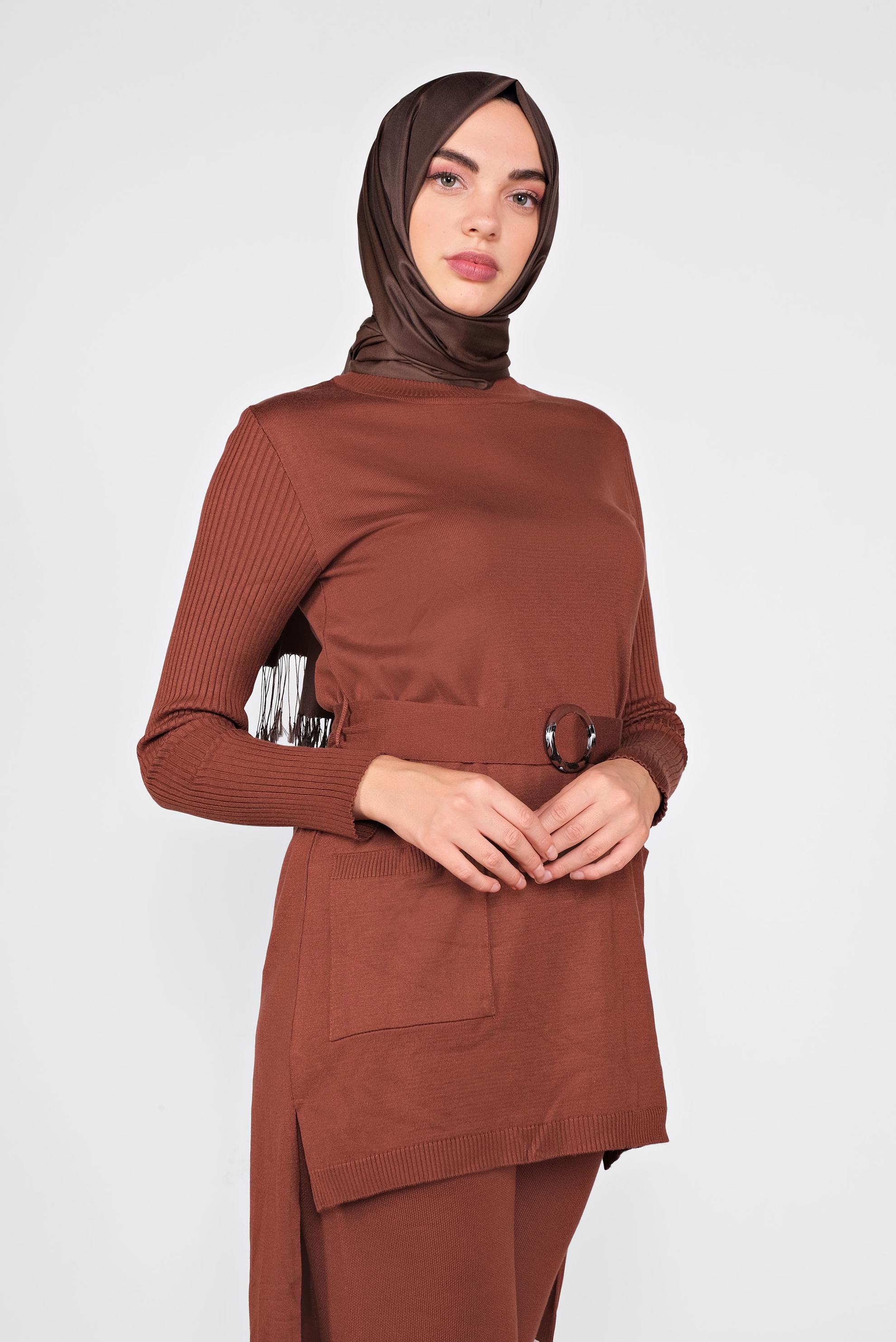 Tesettür giyim TURUNCU CEP DETAYLI İKİLİ PANTOLONLU TRİKO TAKIM 41050