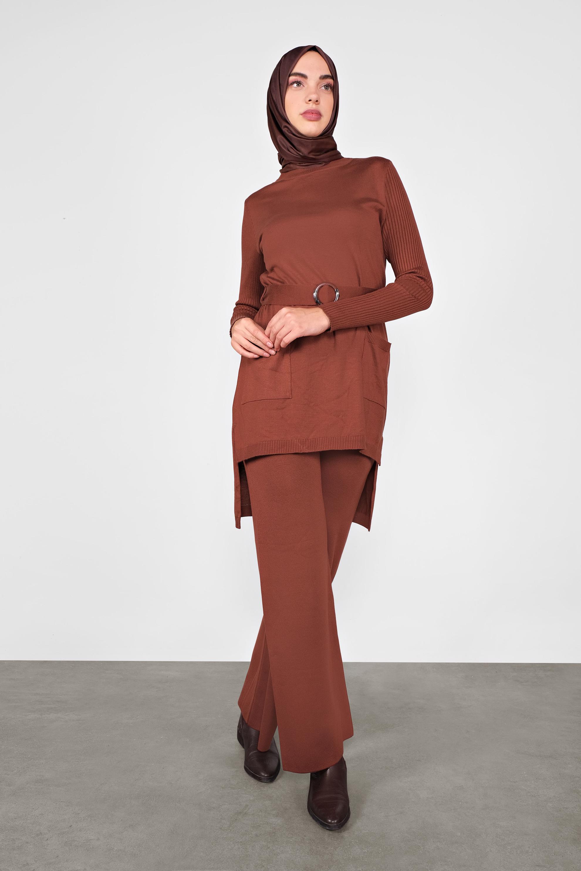 Tesettür giyim TURUNCU CEP DETAYLI İKİLİ PANTOLONLU TRİKO TAKIM 41050