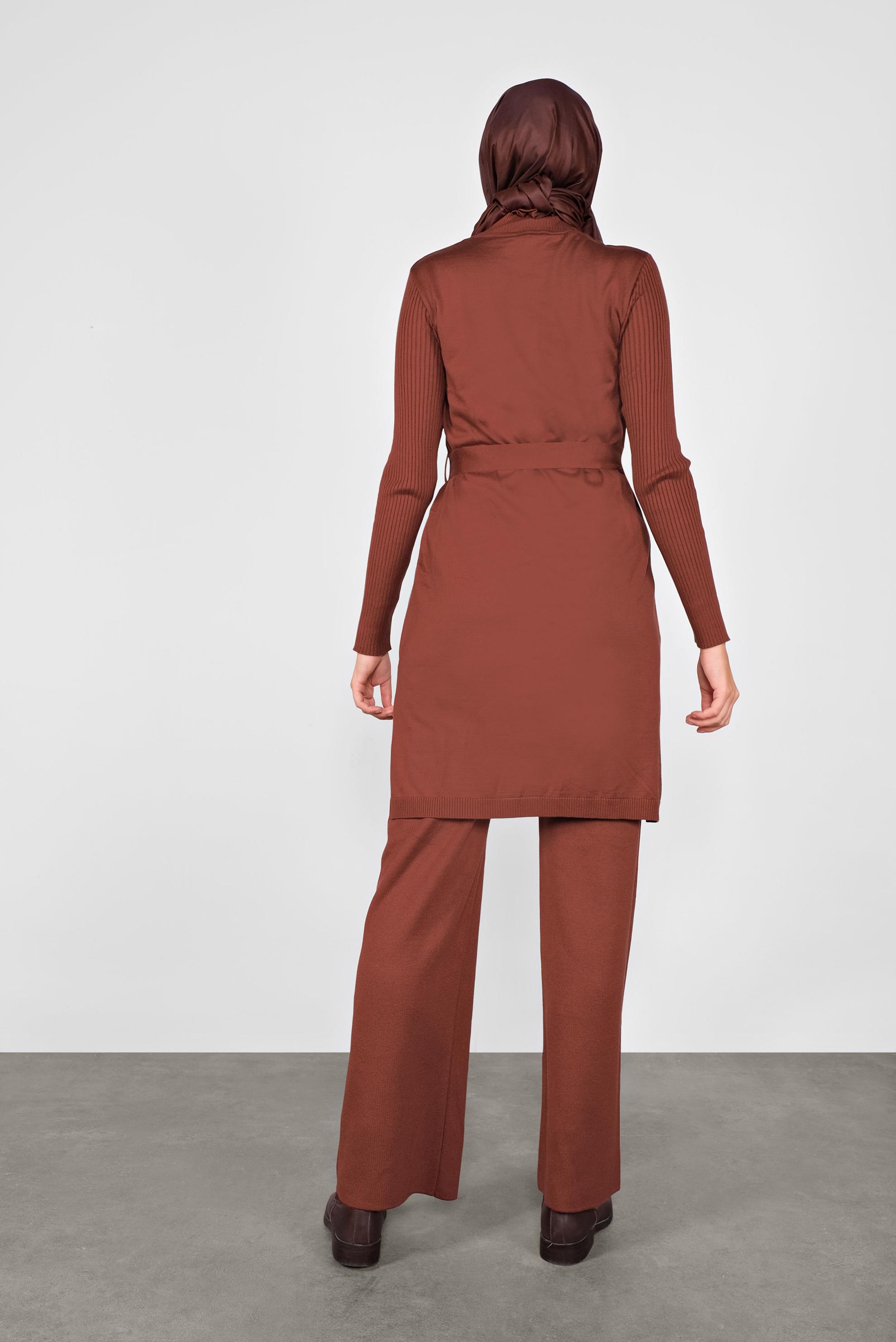 Tesettür giyim TURUNCU CEP DETAYLI İKİLİ PANTOLONLU TRİKO TAKIM 41050