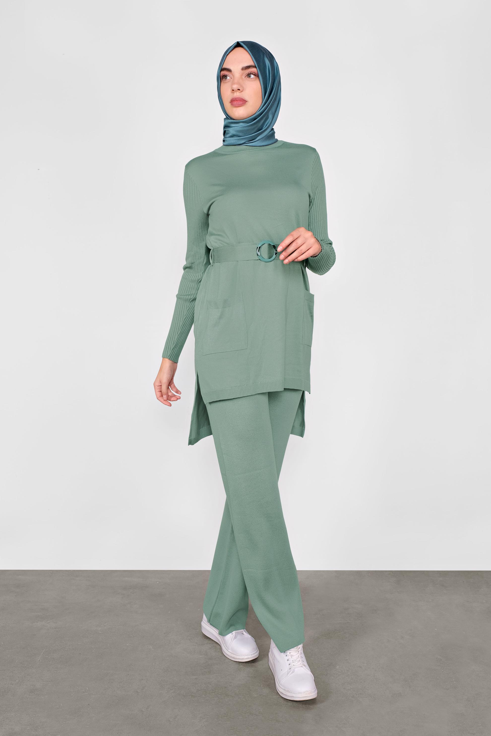 Tesettür giyim YEŞİL CEP DETAYLI İKİLİ PANTOLONLU TRİKO TAKIM 41050