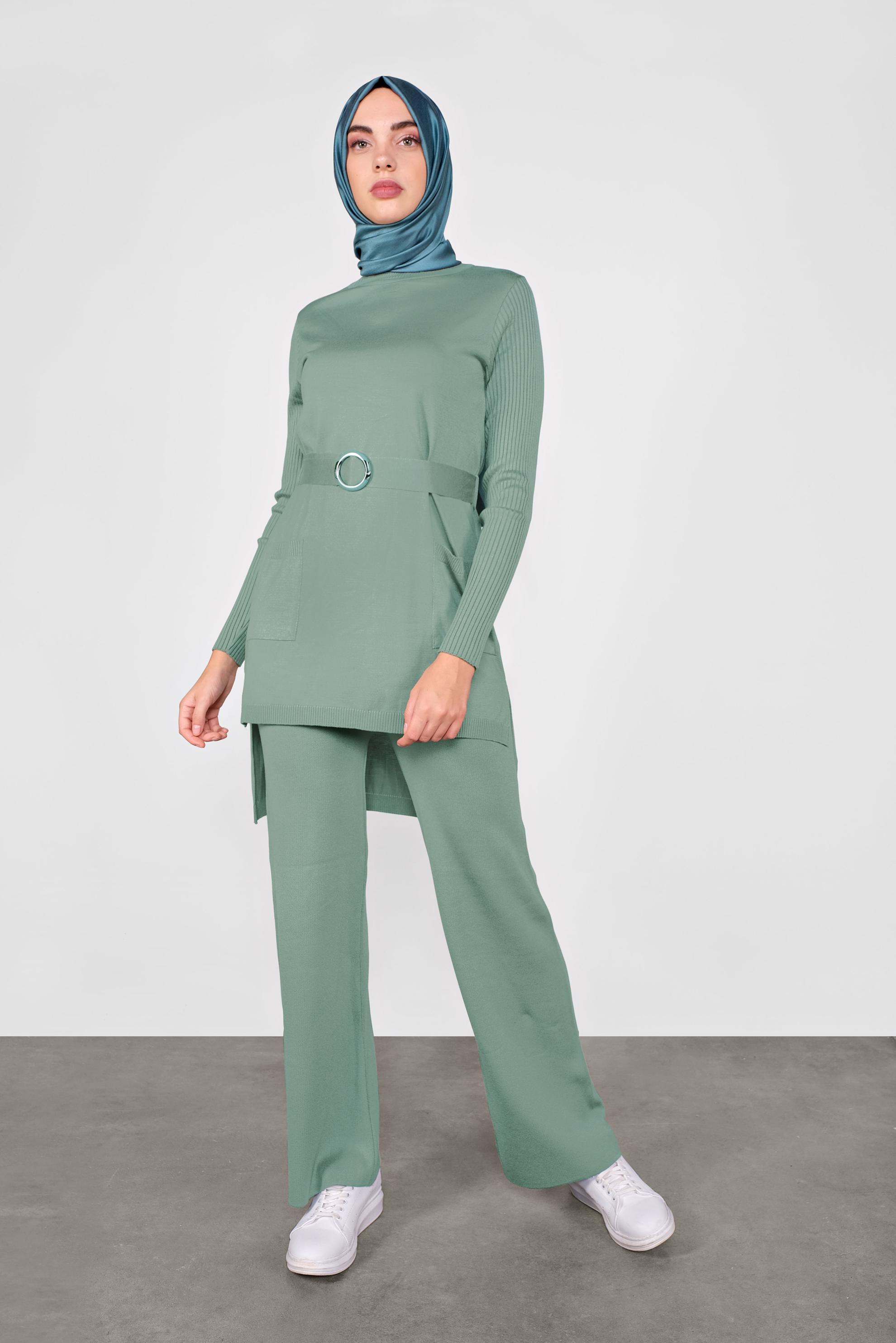 Tesettür giyim YEŞİL CEP DETAYLI İKİLİ PANTOLONLU TRİKO TAKIM 41050