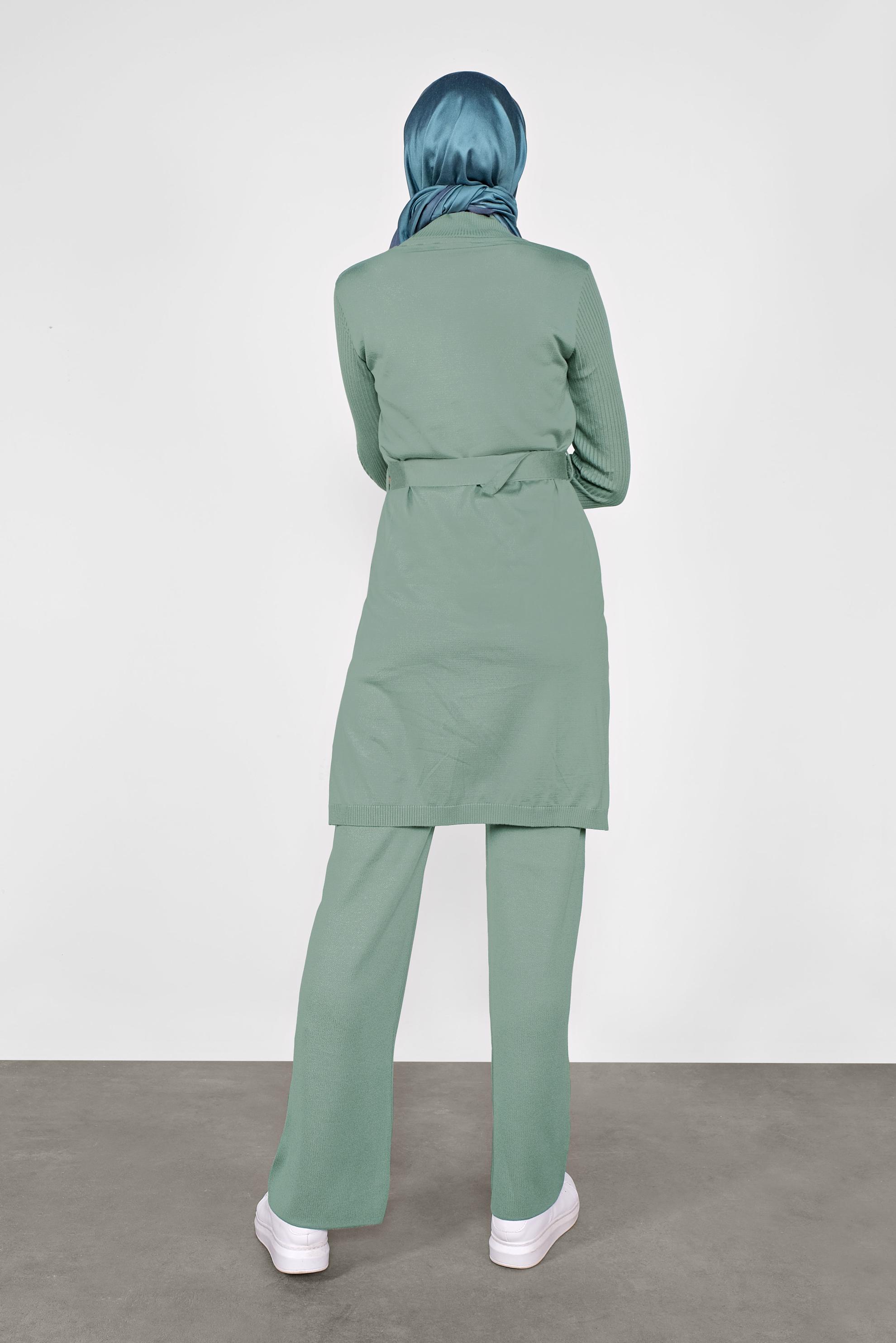 Tesettür giyim YEŞİL CEP DETAYLI İKİLİ PANTOLONLU TRİKO TAKIM 41050