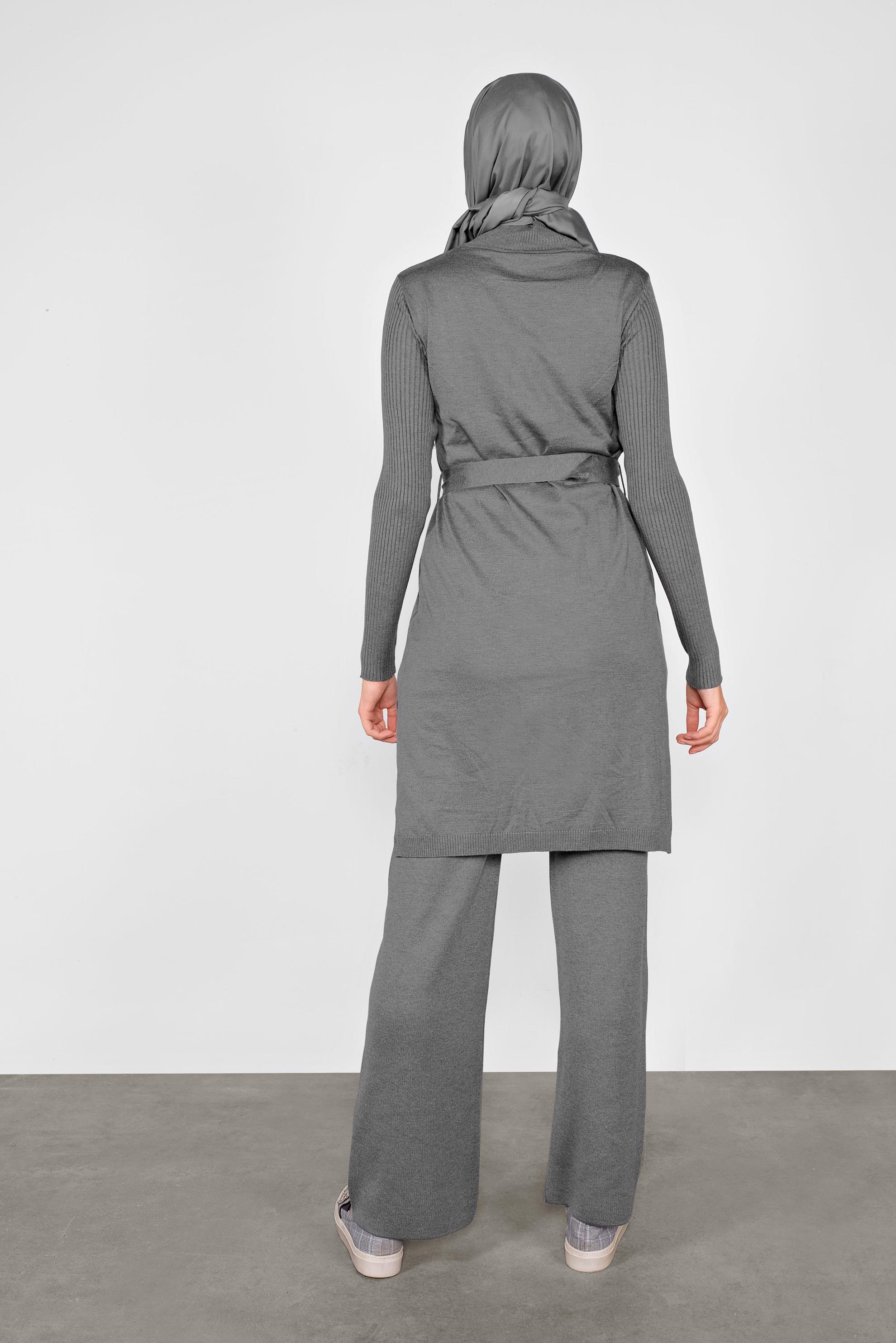 Tesettür giyim GRİ CEP DETAYLI İKİLİ PANTOLONLU TRİKO TAKIM 41050