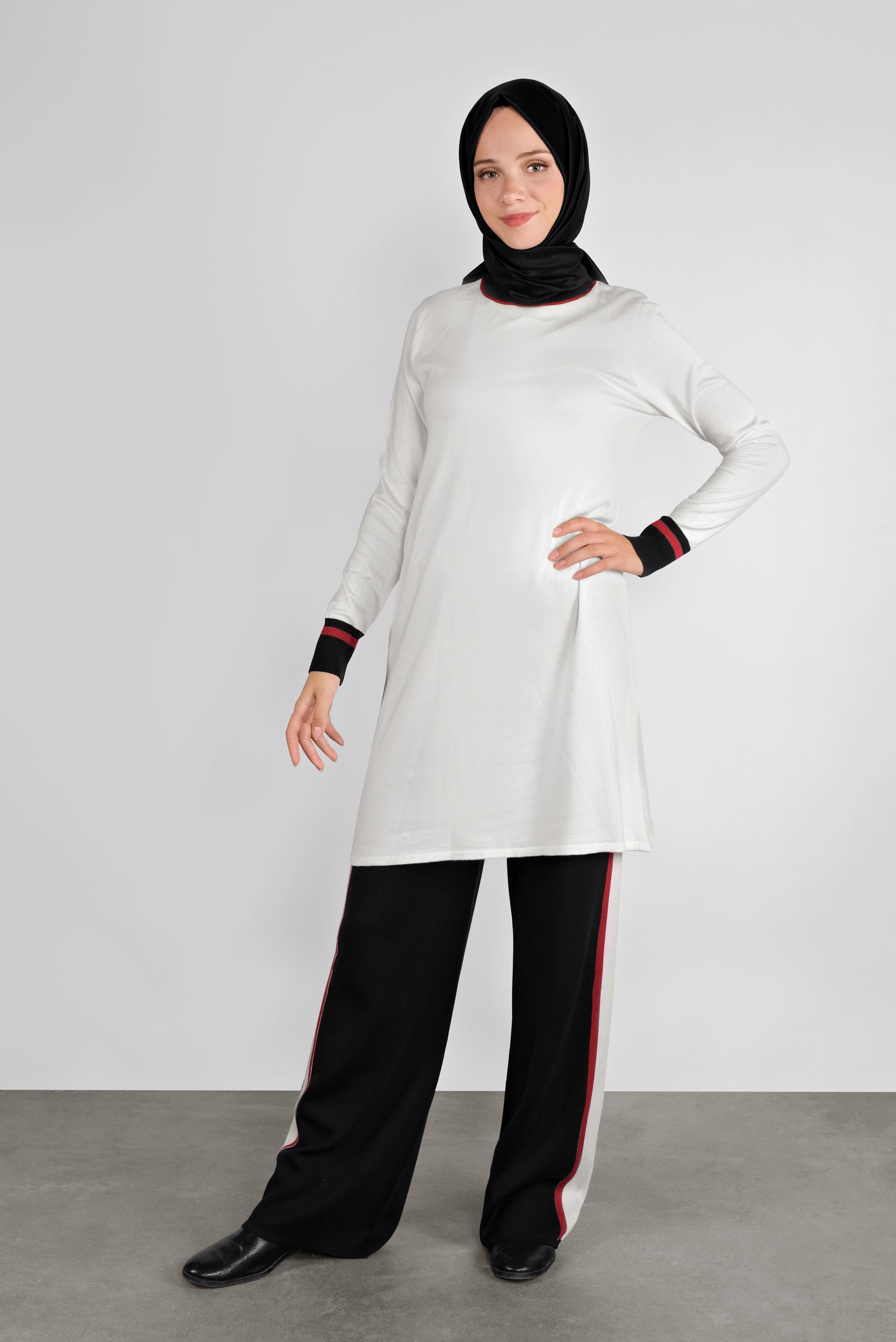 Tesettür giyim BEYAZ ŞERİTLİ TRİKO PANTOLONLU TAKIM 41052 