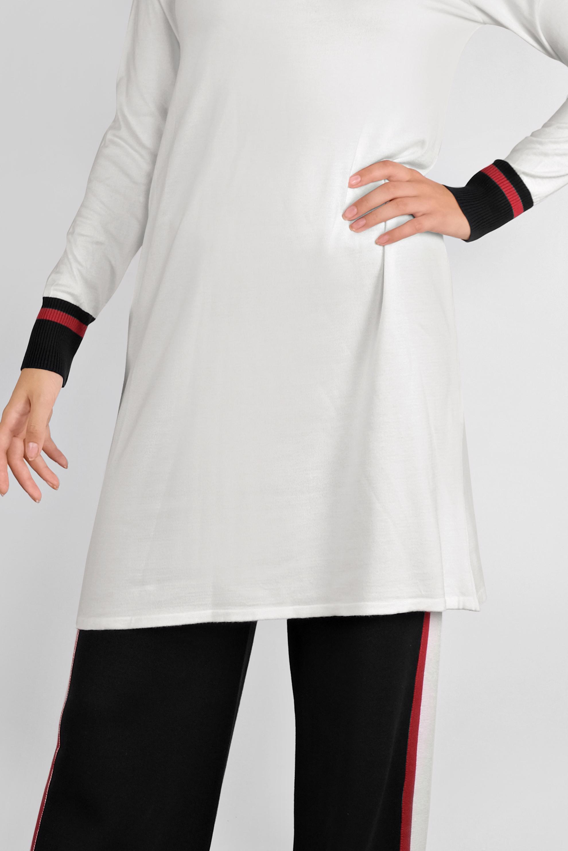 Tesettür giyim BEYAZ ŞERİTLİ TRİKO PANTOLONLU TAKIM 41052 