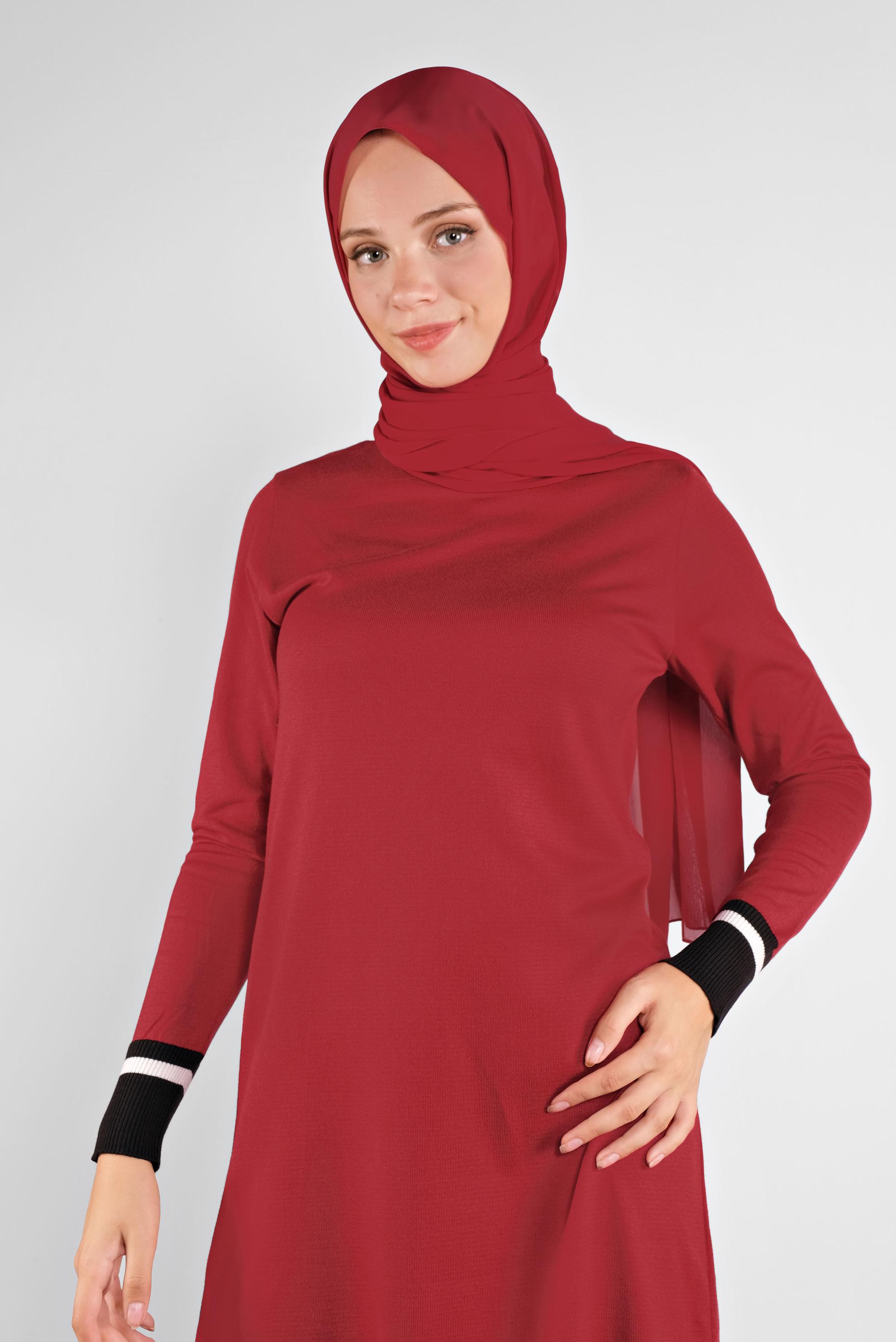 Tesettür giyim KIRMIZI ŞERİTLİ TRİKO PANTOLONLU TAKIM 41052 