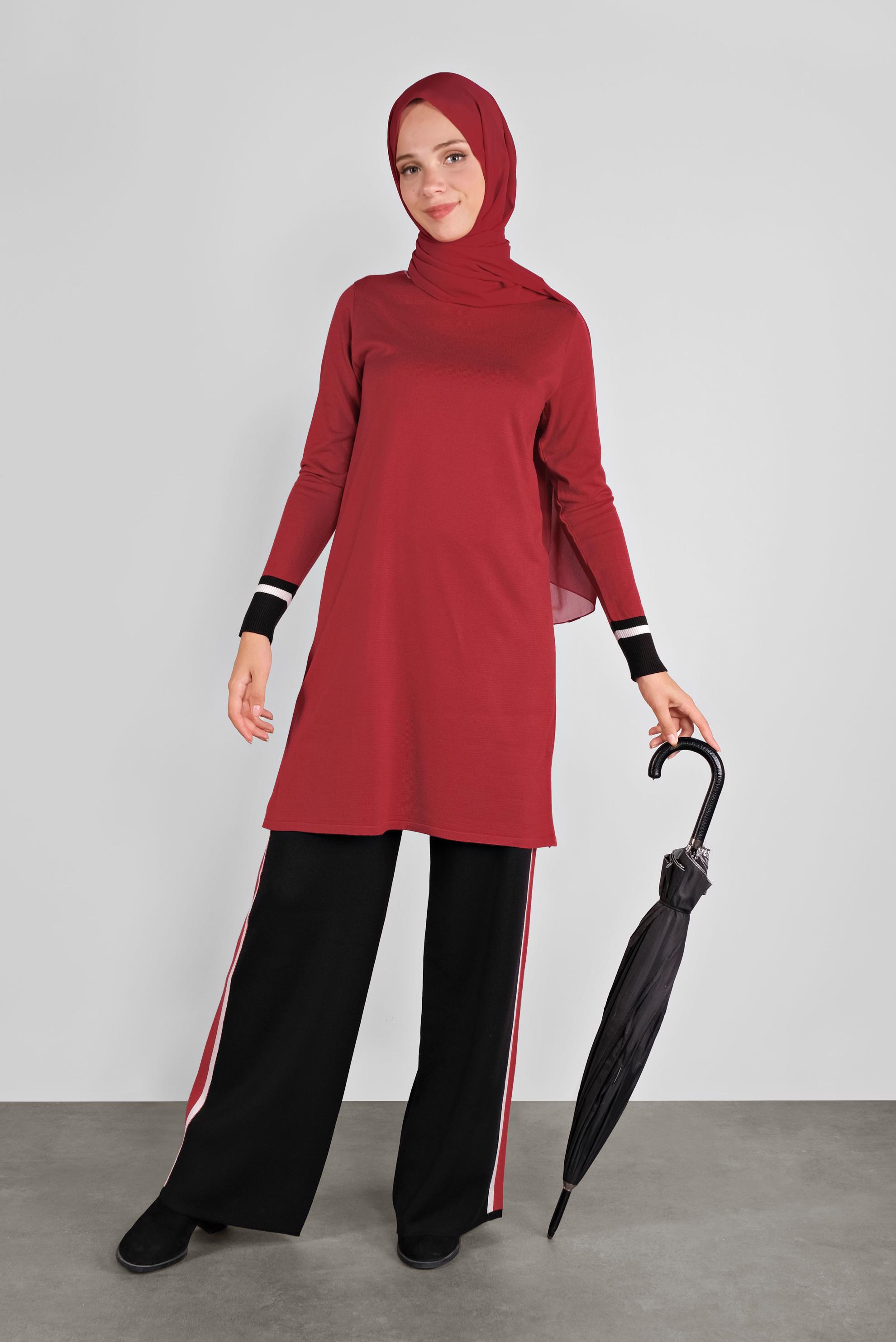 Tesettür giyim KIRMIZI ŞERİTLİ TRİKO PANTOLONLU TAKIM 41052 