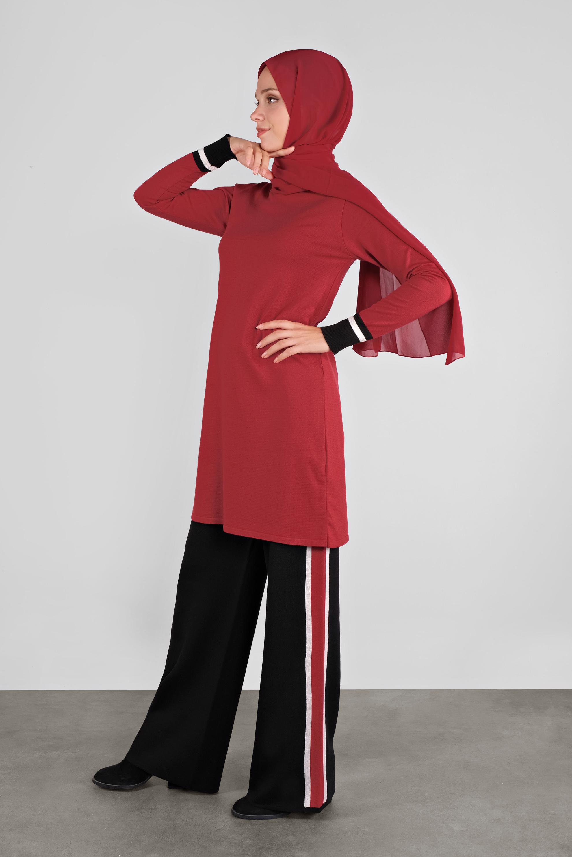 Tesettür giyim KIRMIZI ŞERİTLİ TRİKO PANTOLONLU TAKIM 41052 