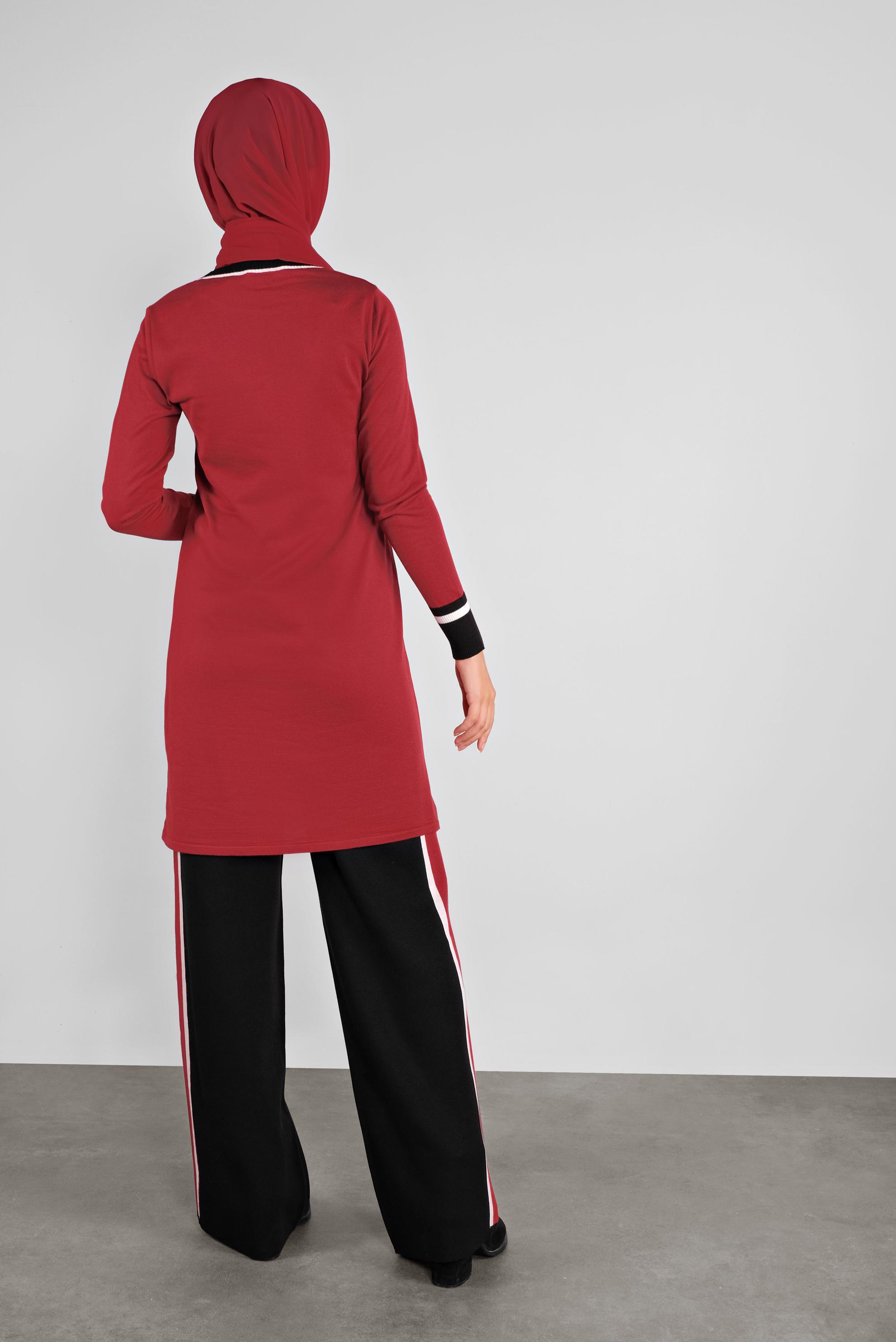 Tesettür giyim KIRMIZI ŞERİTLİ TRİKO PANTOLONLU TAKIM 41052 